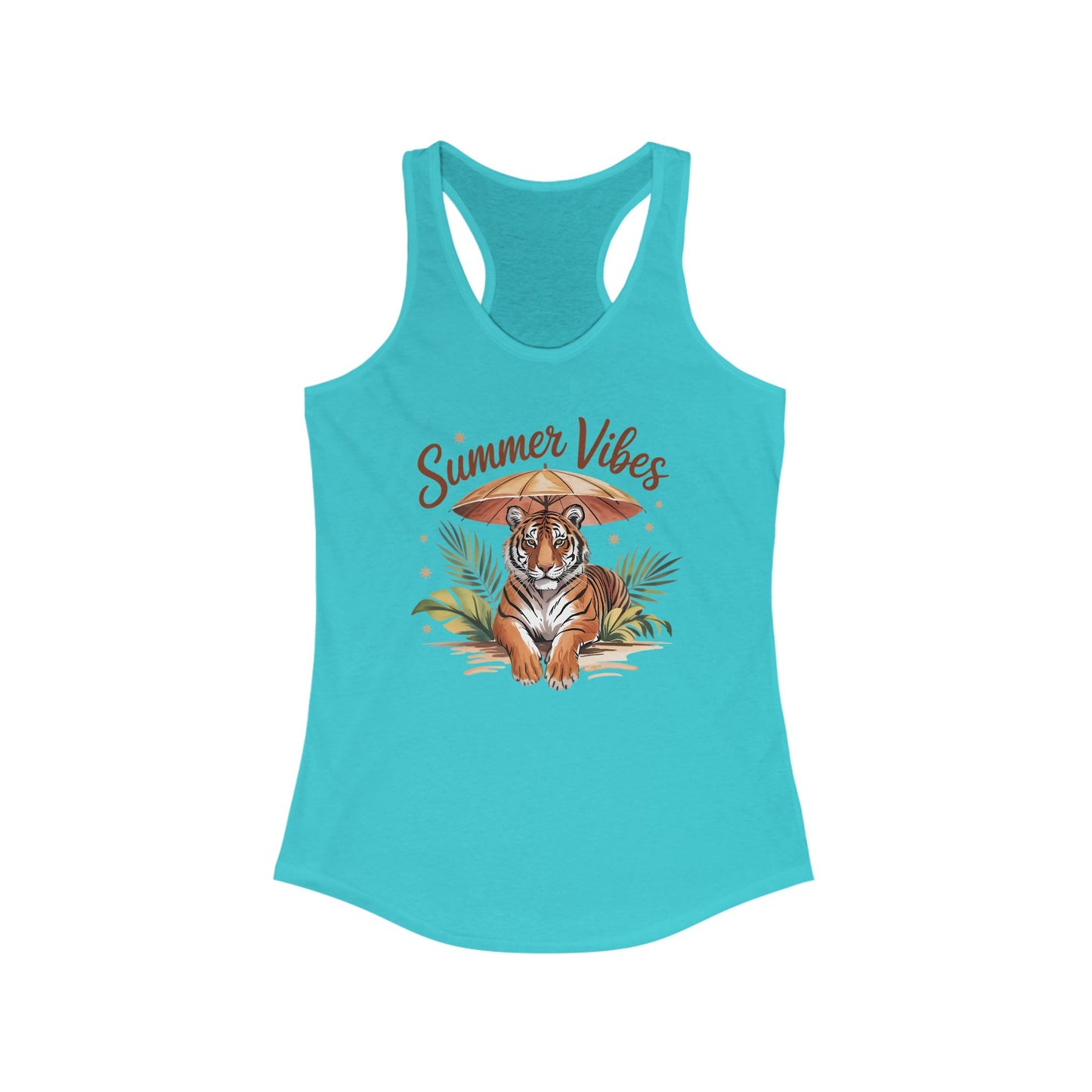Camiseta de tirantes Summer Vibes Tiger con espalda nadadora – Diseño de palmeras de la selva con paraguas | 15 opciones de color