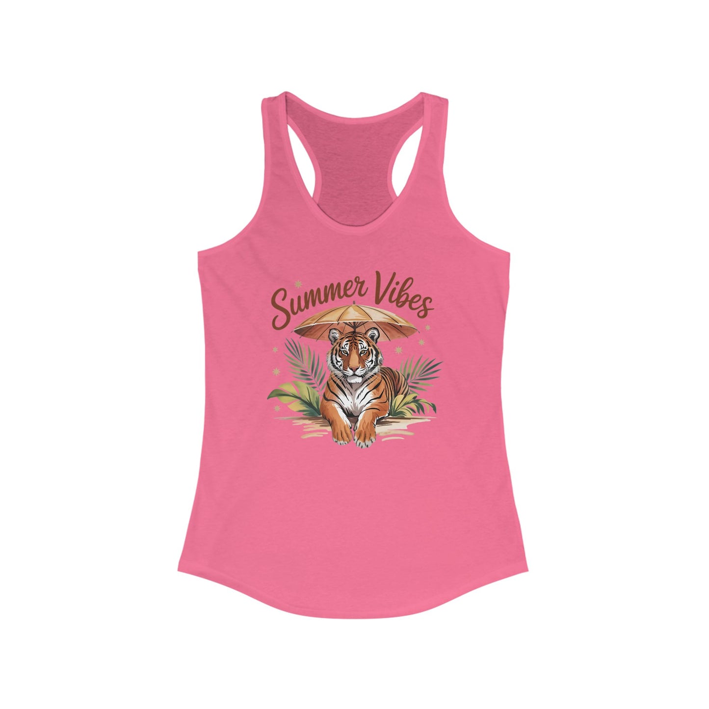 Camiseta de tirantes Summer Vibes Tiger con espalda nadadora – Diseño de palmeras de la selva con paraguas | 15 opciones de color