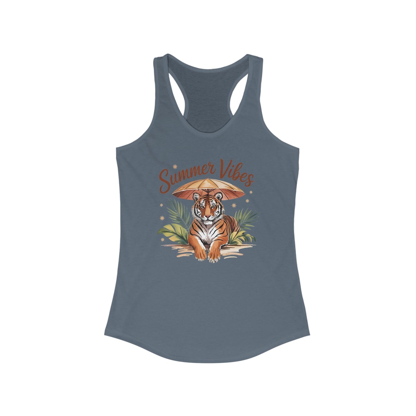 Camiseta de tirantes Summer Vibes Tiger con espalda nadadora – Diseño de palmeras de la selva con paraguas | 15 opciones de color
