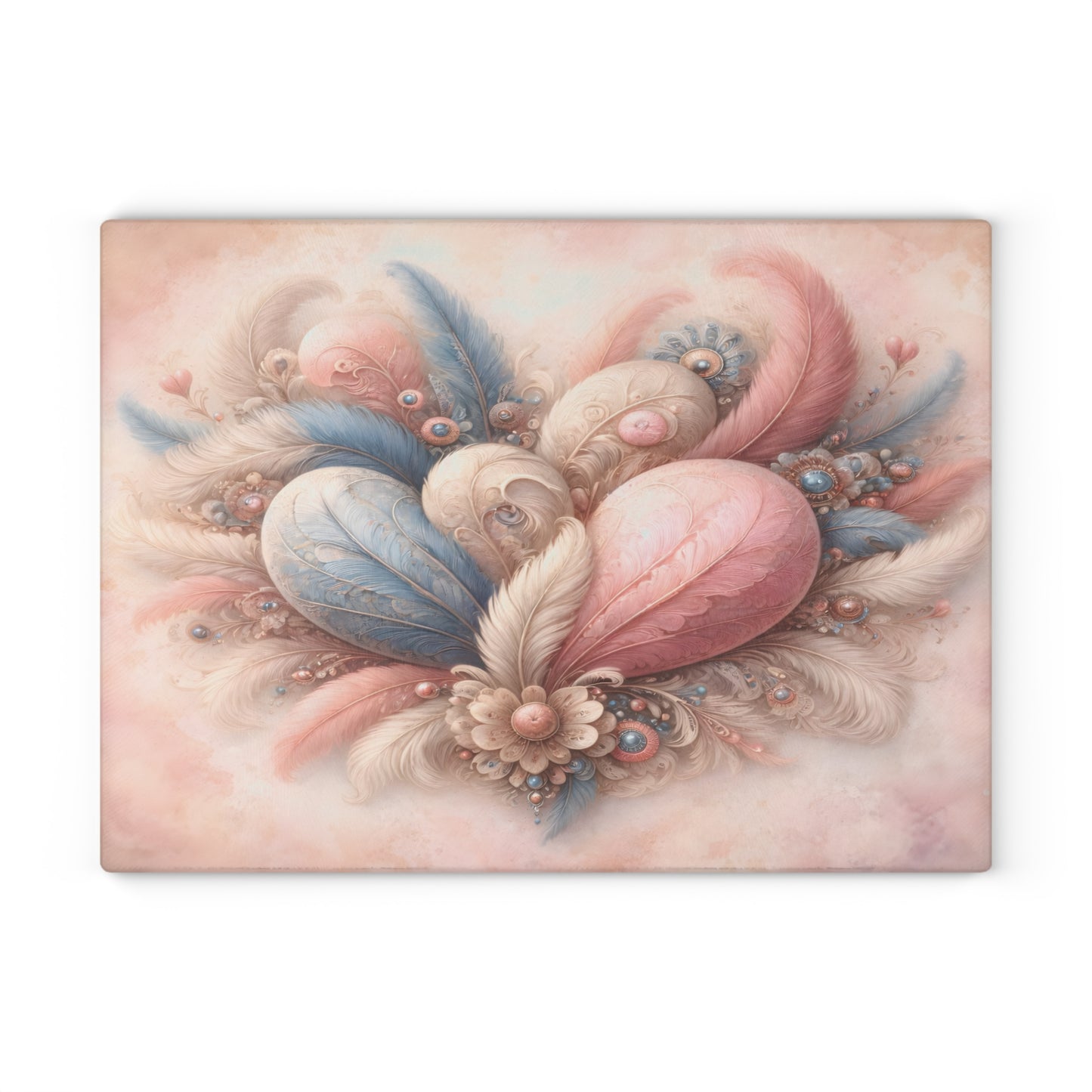 Pastel Feather Heart Glass Cutting Board – Elegant Romantic Art Kitchen Decor