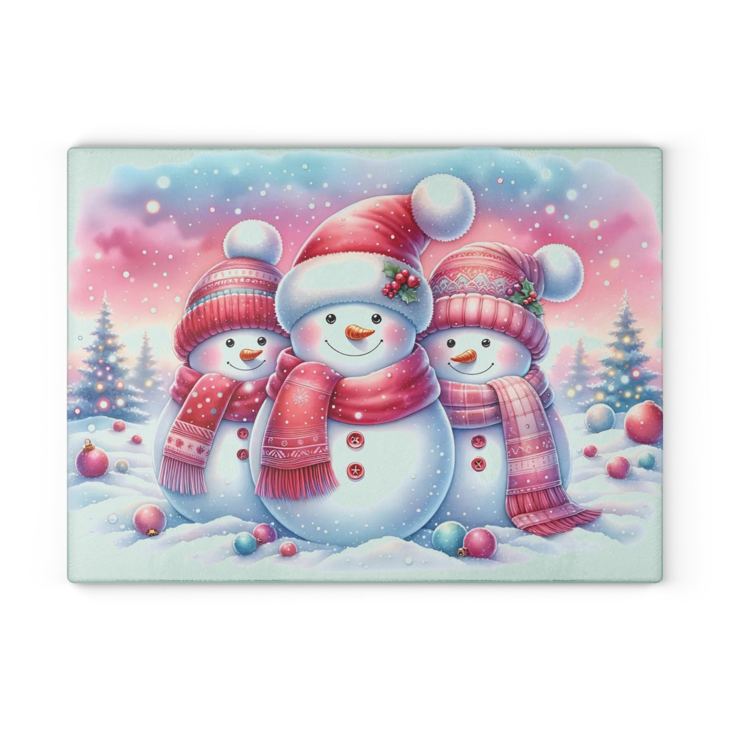 ⛄️🎀 “Pink Scarf Snowman Trio” Glass Cutting Board – Cozy Charm for Your Kitchen