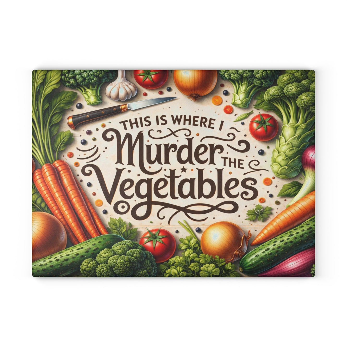 This Is Where I Murder the Vegetables Glass Cutting Board – Funny Kitchen Typography with Fresh Produce Art