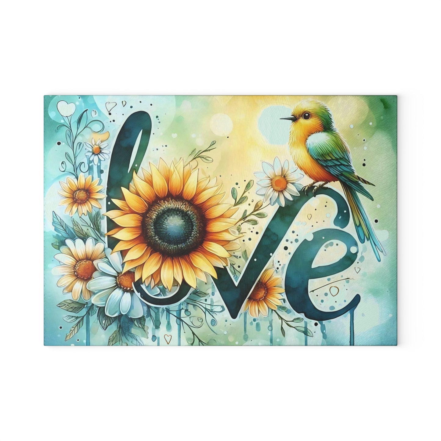 Tabla de cortar Love con diseño de pájaro y girasol