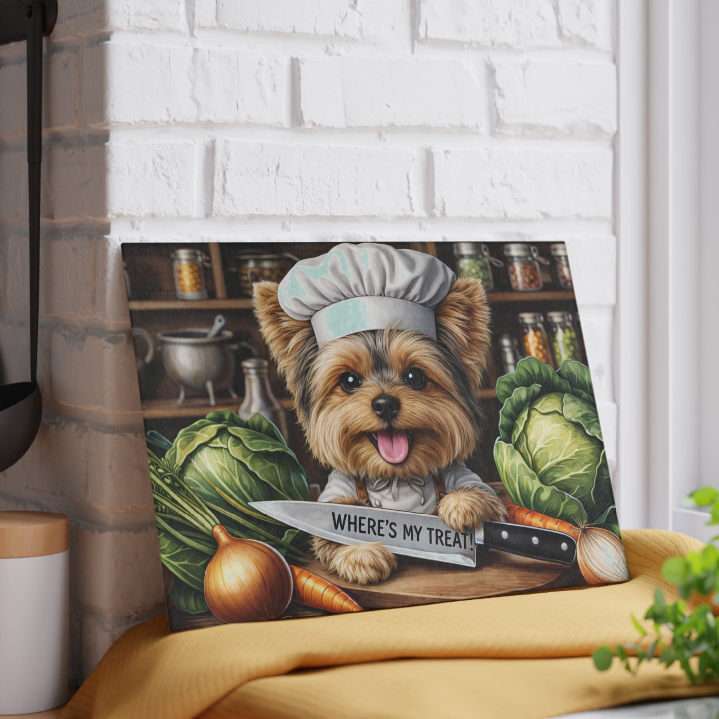 Yorkshire Terrier Chef Glass Cutting Board – “Where’s My Treat!” Playful Kitchen Art