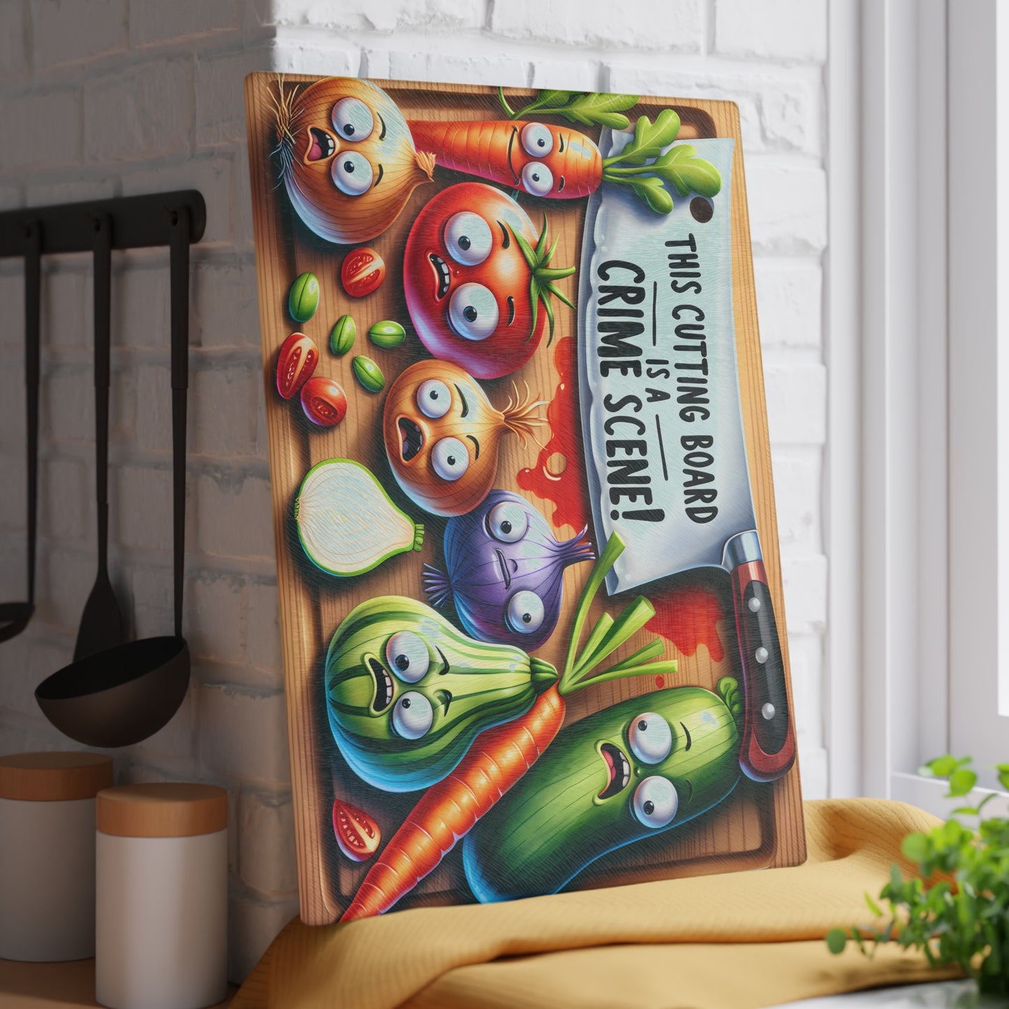 Tabla de cortar de vidrio con temática de escena del crimen en la cocina: verduras, pan y salami que gritan, decoración divertida para la cocina