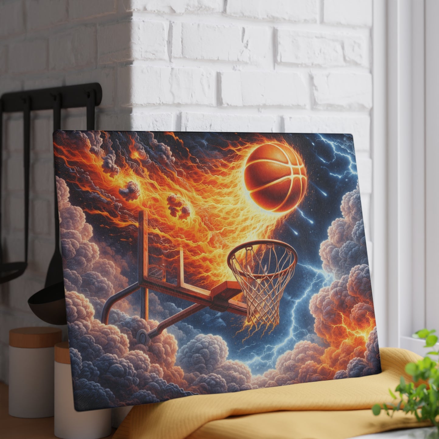 Fiery Basketball Slam Glass Cutting Board – High-Energy Sports Art for Your Kitchen
