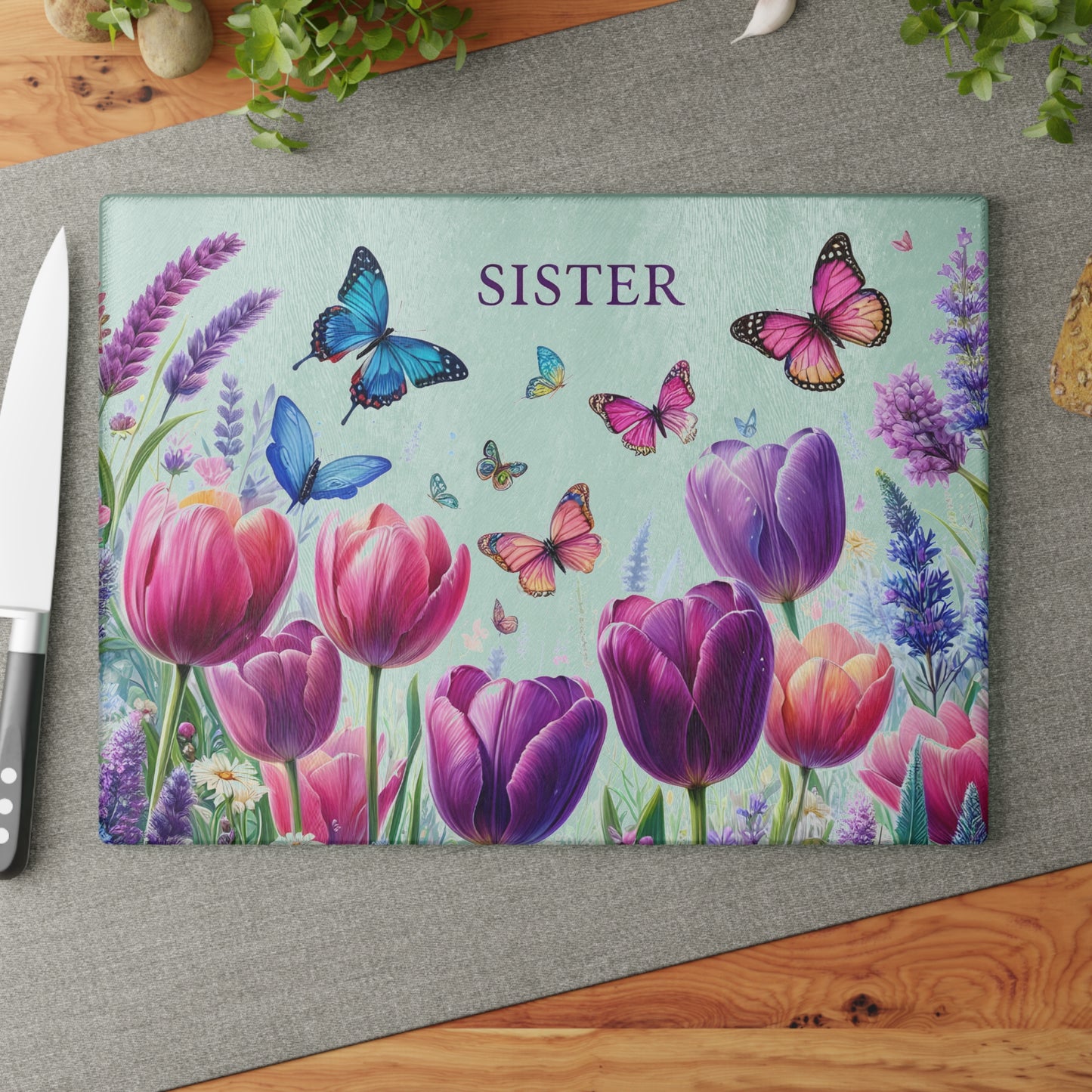 🦋 Sister Butterfly & Tulip Cutting Board – Floral Elegance for Her Kitchen 🌷