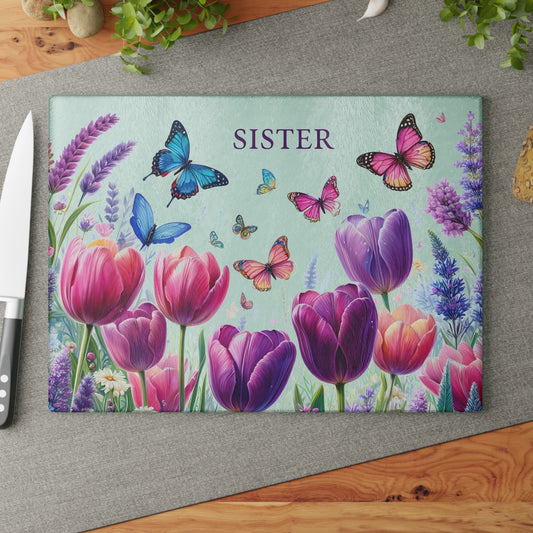 🦋 Sister Butterfly & Tulip Cutting Board – Floral Elegance for Her Kitchen 🌷