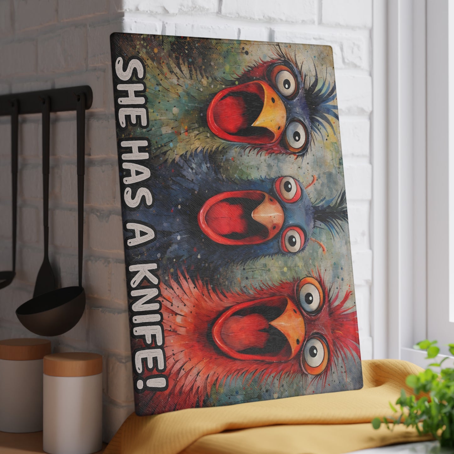 She Has a Knife Glass Cutting Board – Funny Chicken Kitchen Art with Bold Farm Humor