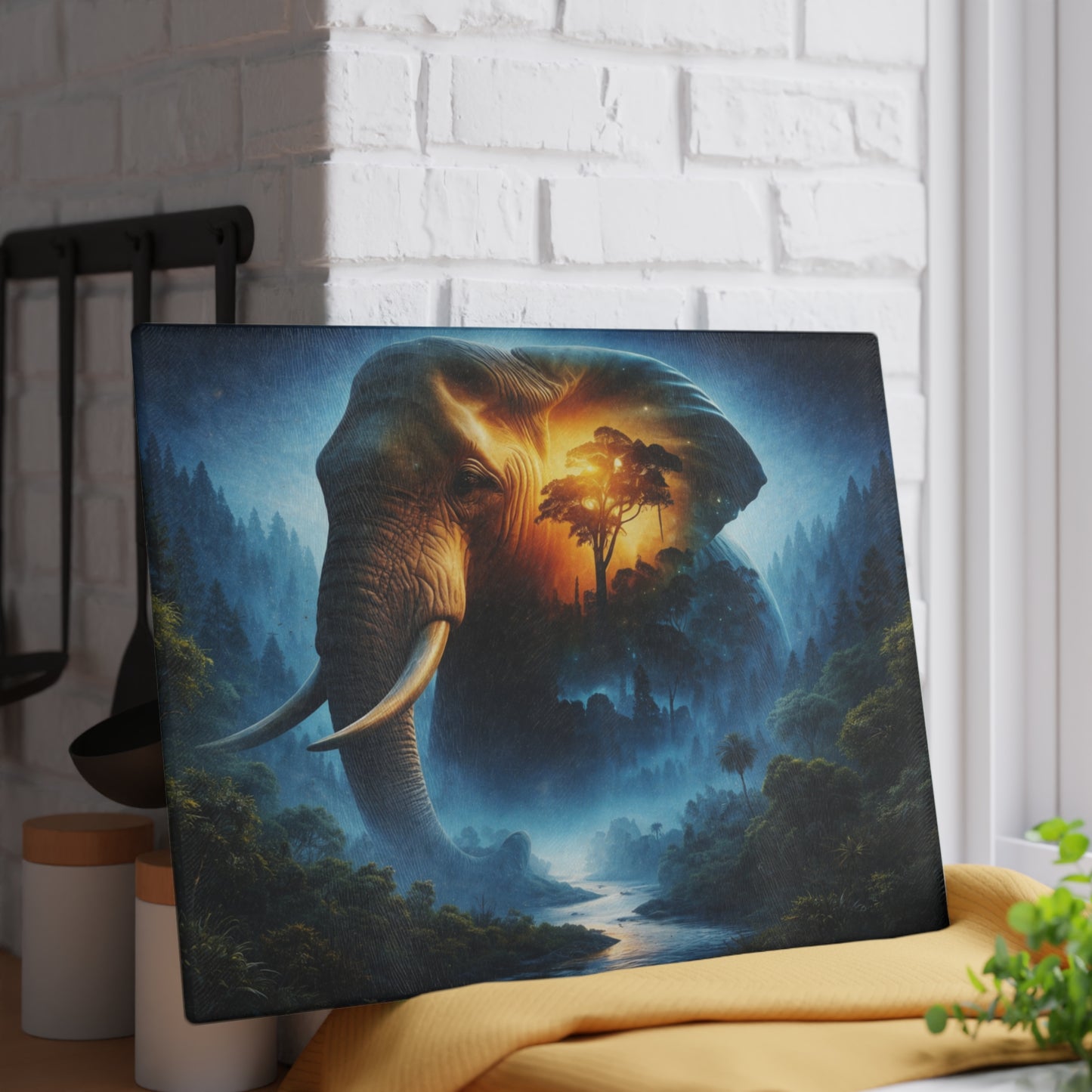 Cosmic Elephant Spirit Forest Glass Cutting Board – Mystical Wildlife Nature Kitchen Art