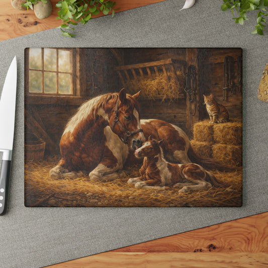 Mother Horse and Foal Barn Scene Glass Cutting Board – Rustic Farmhouse Kitchen Decor with Country Stable Artwork