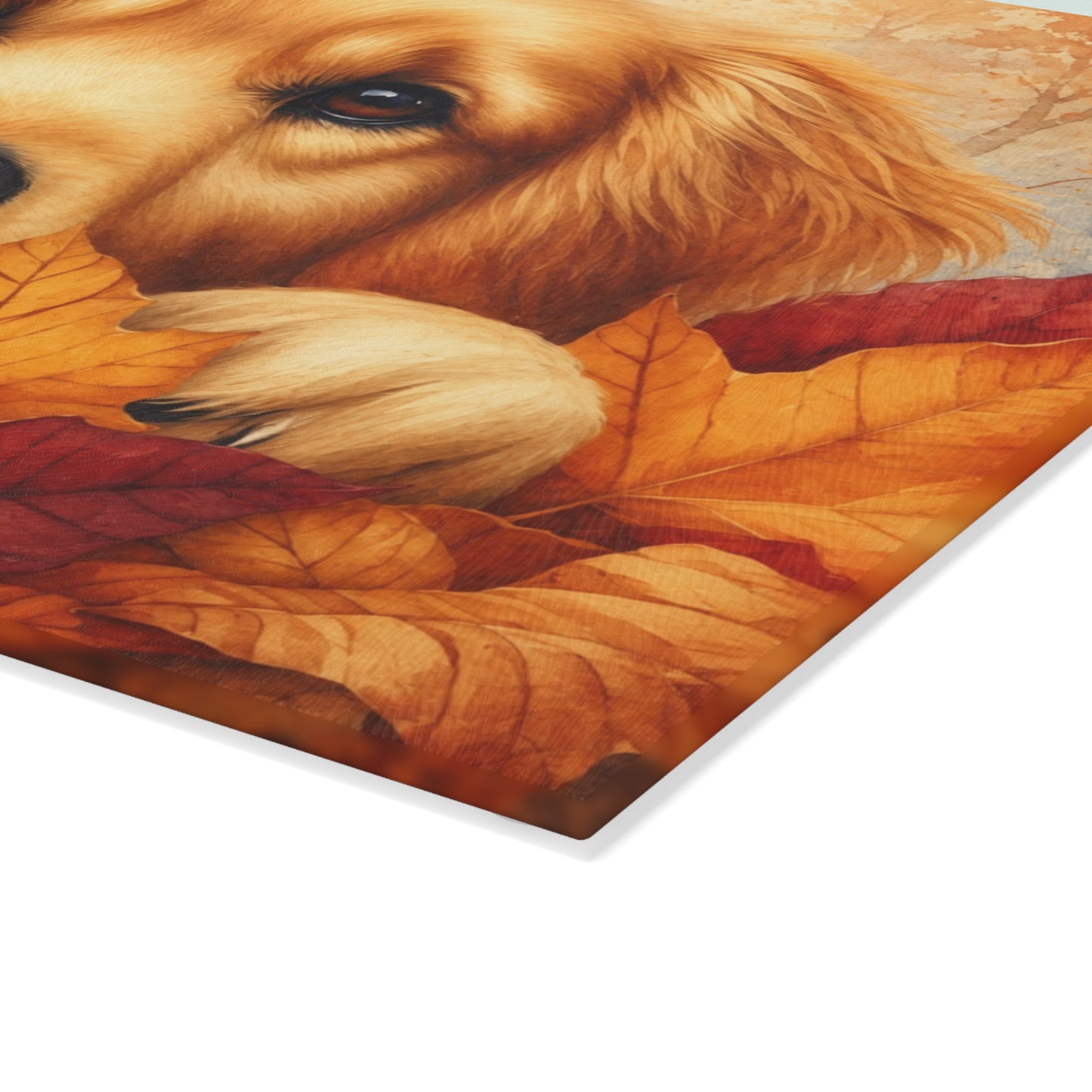 Golden Retriever Autumn Leaves Glass Cutting Board – Cozy Fall Dog Kitchen Décor