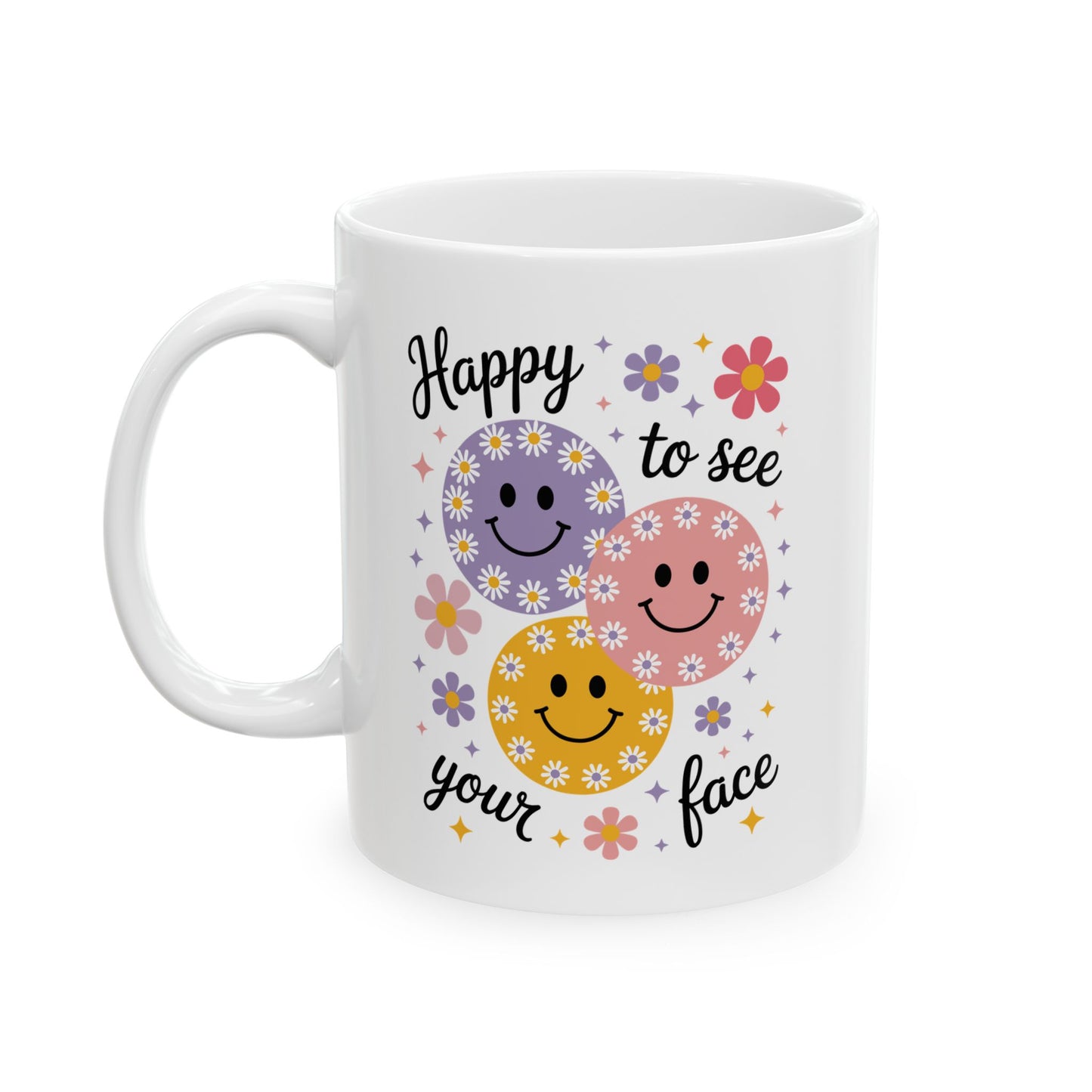 🌸😊 Happy to See Your Face Mug – Retro Smiley Flower Coffee Cup ☕🌼