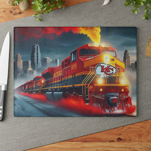 Tabla de cortar de vidrio Express roja y dorada: exhibición de cocina con un llamativo diseño de tren