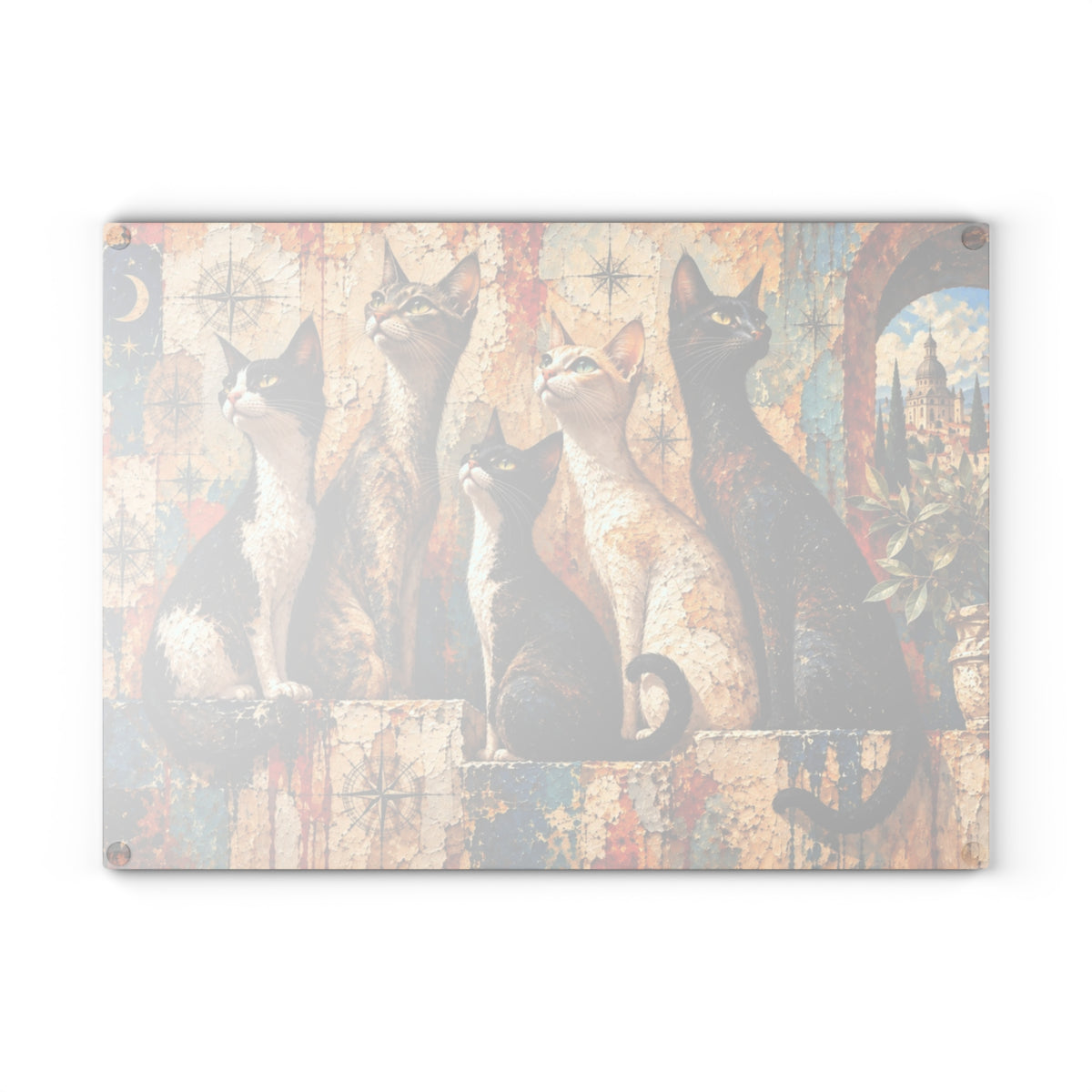 Five Curious Cats Tempered Glass Cutting Board – Colorful Mediterranean Cat Artwork – 11 × 15 Inches