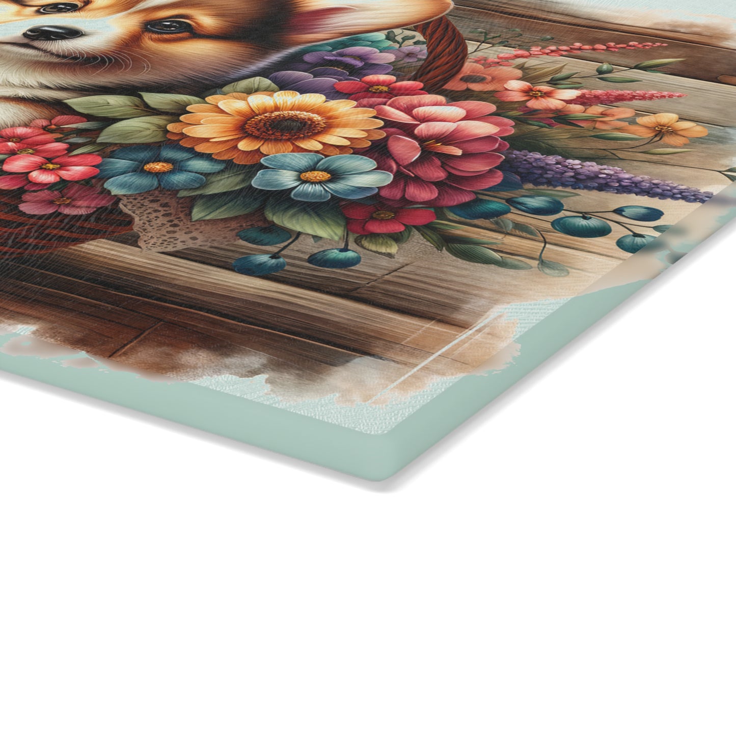 🐶🌸 Corgi in Basket Cutting Board – Sweet Charm Meets Rustic Elegance 🌼