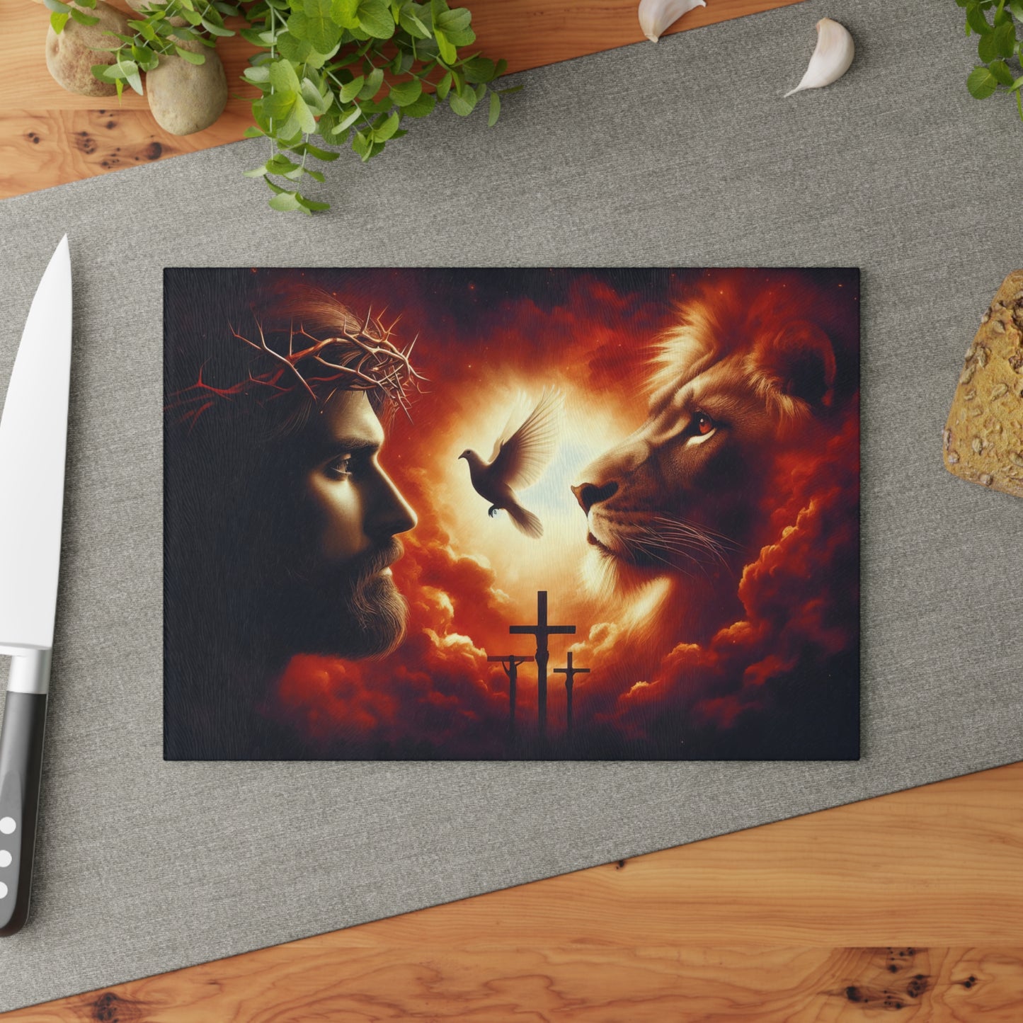 Sacred Light Glass Cutting Board – Faith-Inspired Lion, Dove & Cross Artwork Kitchen Display