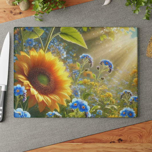 Girasol, tabla de cortar de vidrio, decoración de girasol, cocina de granja, regalo para amantes de la naturaleza, cocina floral, tabla de charcutería, amante del girasol