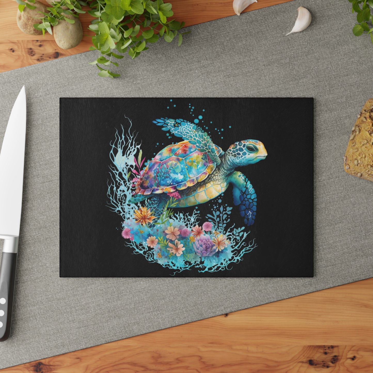 Sea Turtle Glass Cutting Board | Coastal Ocean Vibes Kitchen Decor