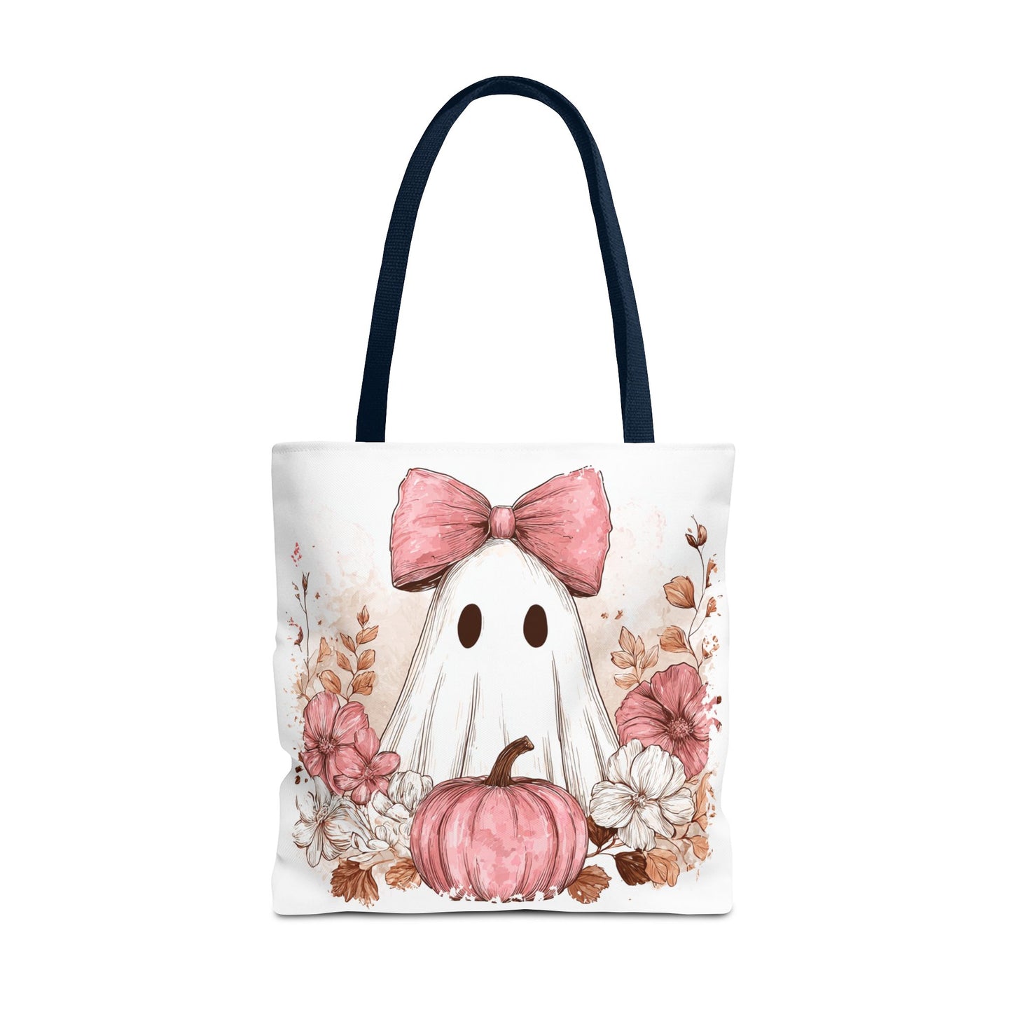 👻 Pink Bow Ghost Floral Halloween Tote Bag – Spooky Cute with Fall Charm 🎀👜