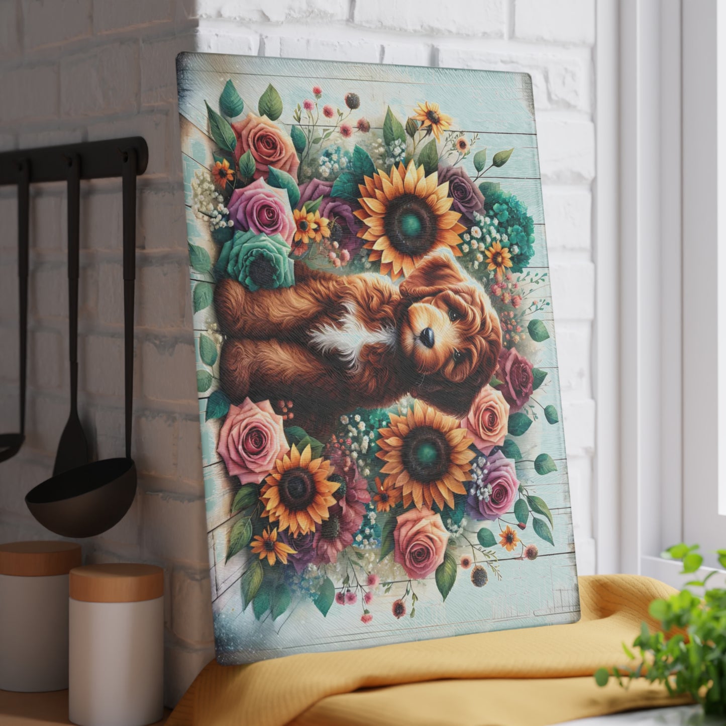 🐶🌻 “Sunflower Pup” Glass Cutting Board – Bright, Happy Farmhouse Vibes for Your Kitchen