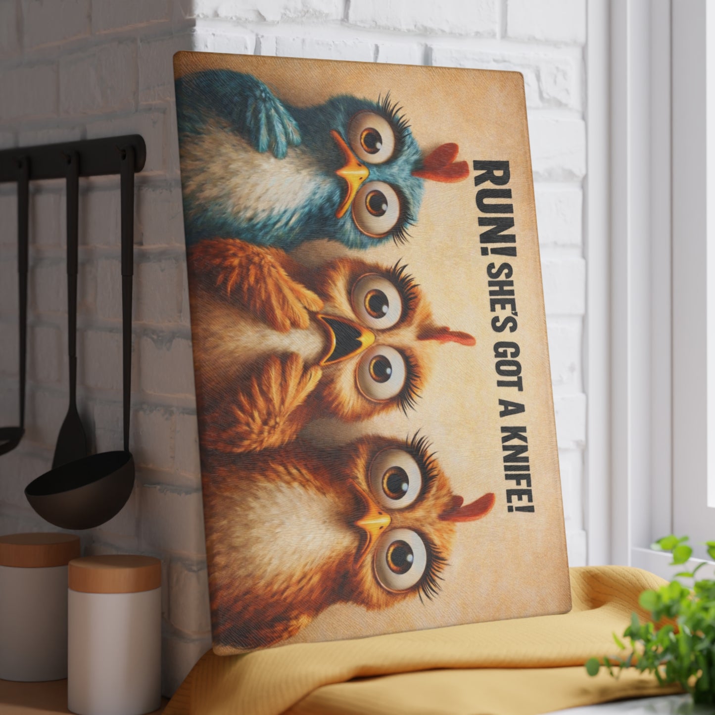 RUN! She’s Got a Knife Glass Cutting Board – Wide-Eyed Chicken Panic Farmhouse Artwork