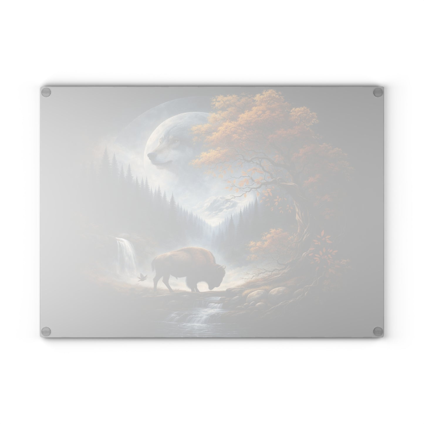 Moonlit Wolf Spirit Forest Glass Cutting Board – Mystical Wildlife Landscape Kitchen Art