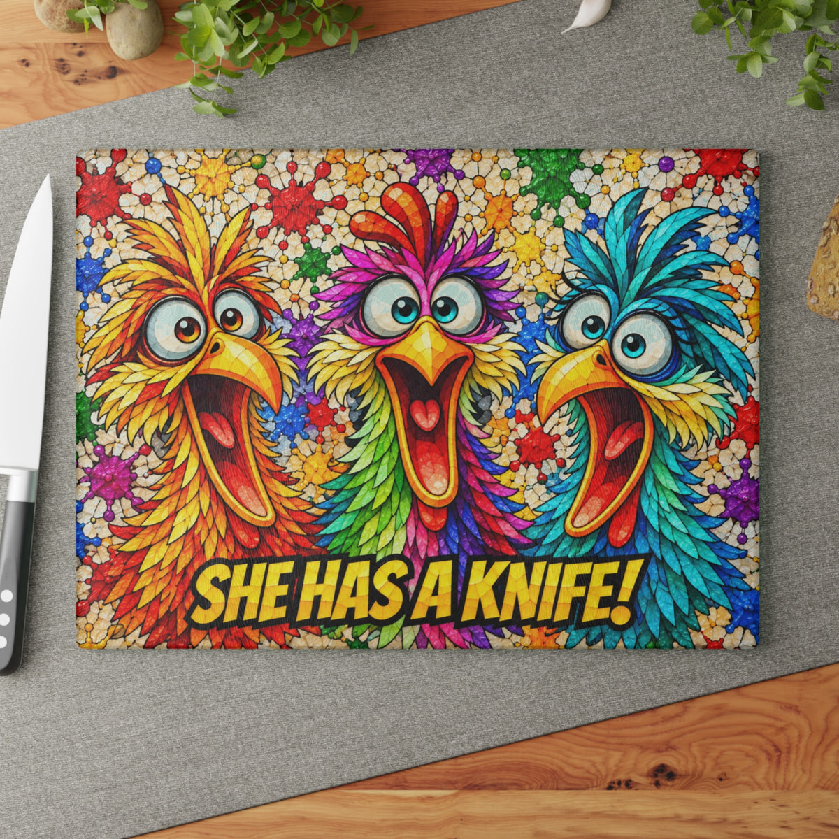 She Has a Knife! Funny Colorful Birds Stained-Glass-Inspired Glass Cutting Board