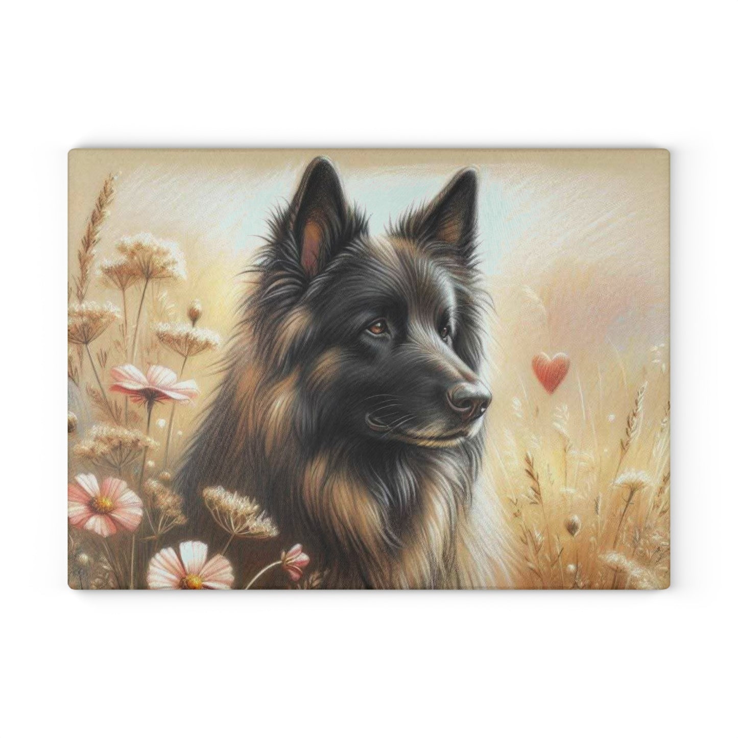 🐾 German Shepherd Meadow Cutting Board – Romantic Pet Tribute with Soft Florals & Golden Light 🌸❤️