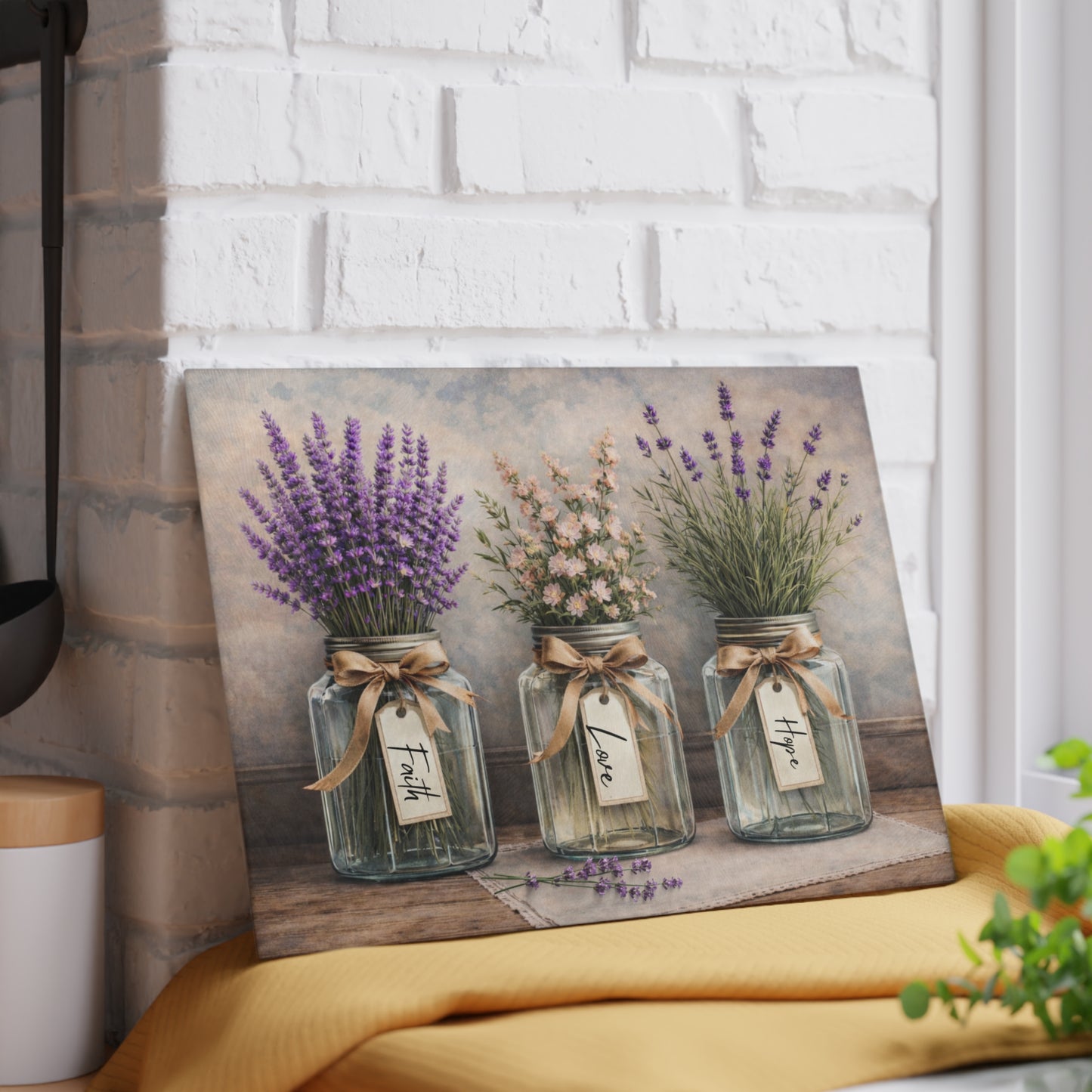 Faith Love Hope Glass Cutting Board – Rustic Mason Jar Florals with Lavender and Soft Pastels