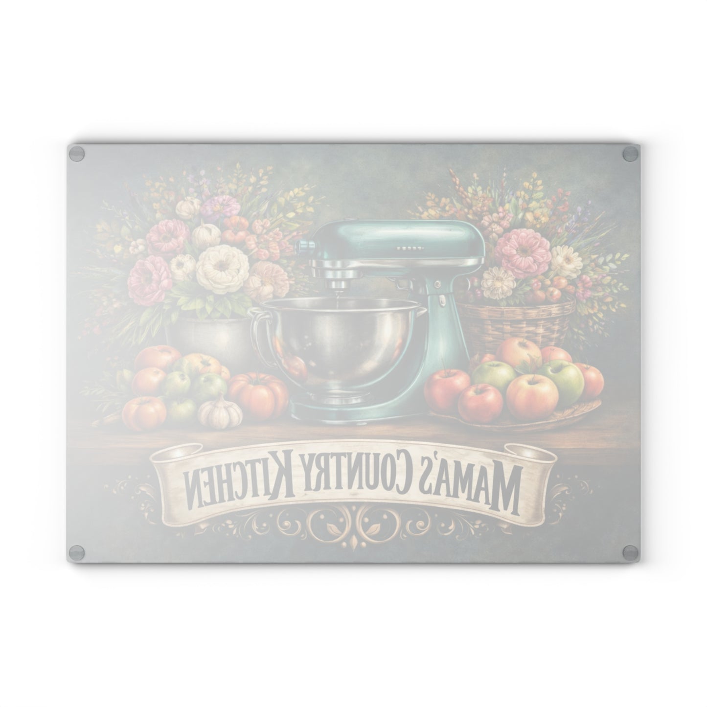Mama’s Country Kitchen Glass Cutting Board – Farmhouse Baking Art with Vintage Mixer Charm