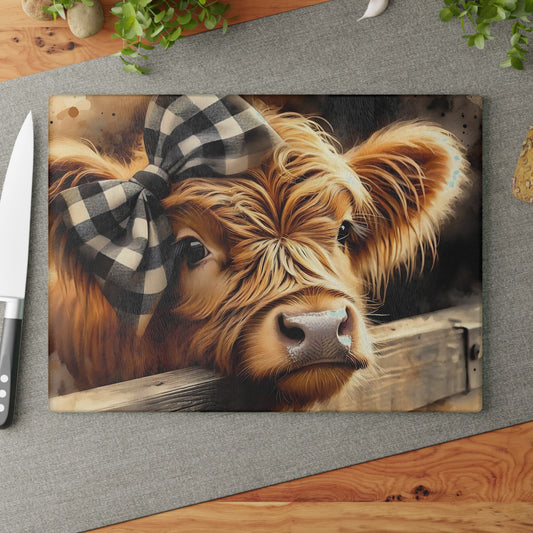 Tabla de cortar de vidrio con diseño de vaca de las Tierras Altas y lazo a cuadros – Decoración de cocina rústica