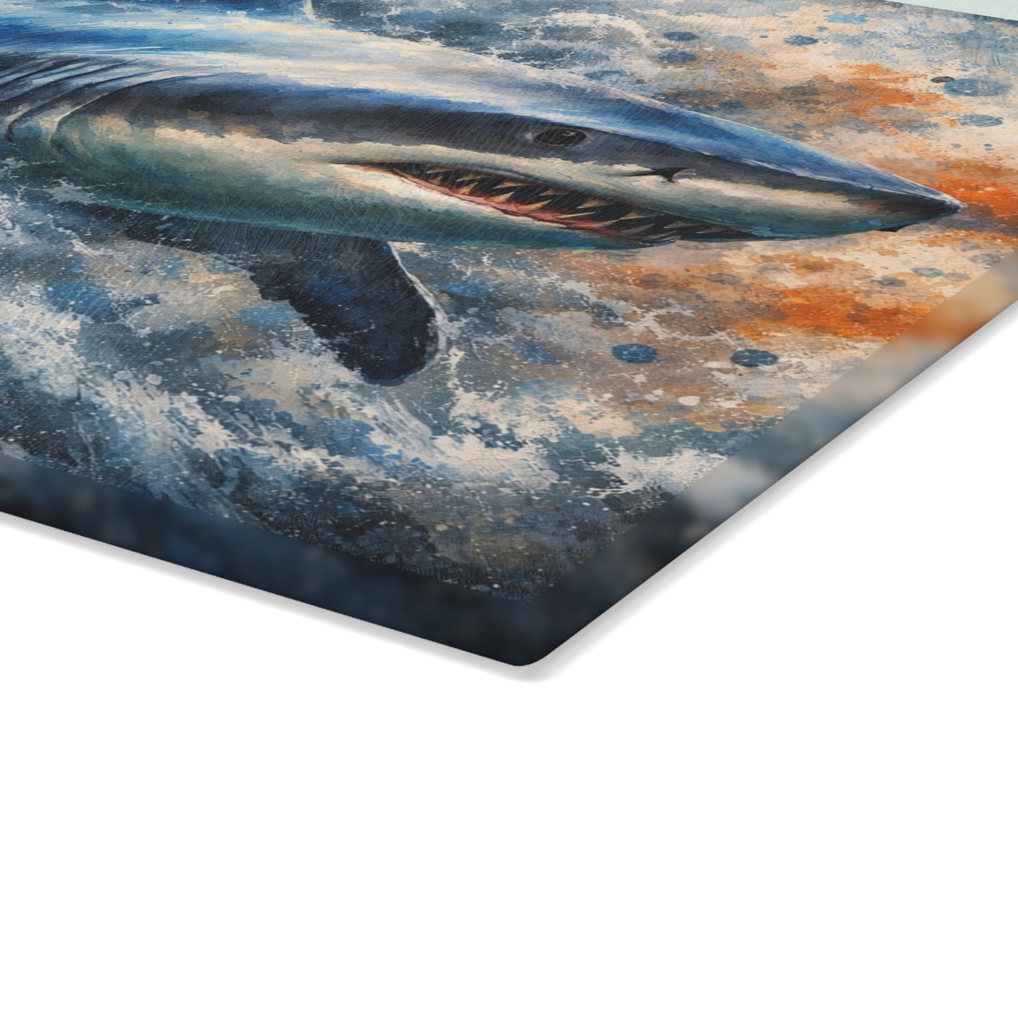 Power of the Tide Glass Cutting Board – Dynamic Great White Shark Artwork