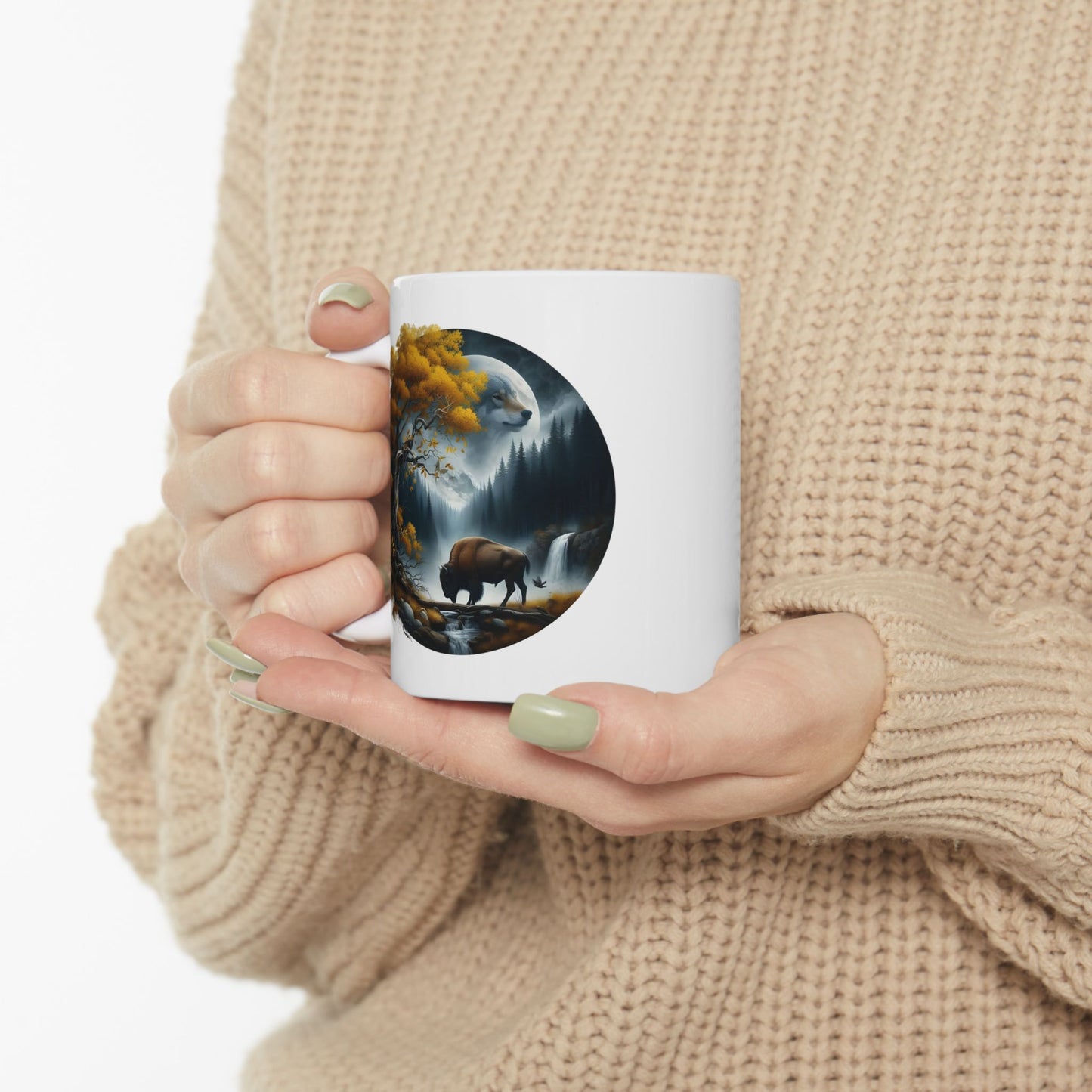 🌙🐂 Wolf & Buffalo Spirit Mug – Autumn Nature Coffee Cup ☕🌲