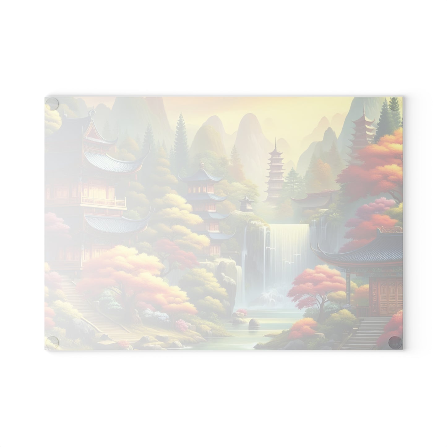 🍁🏯 Tranquil Pagoda Falls Cutting Board – Serene Autumn Landscape Art 🏯🍁