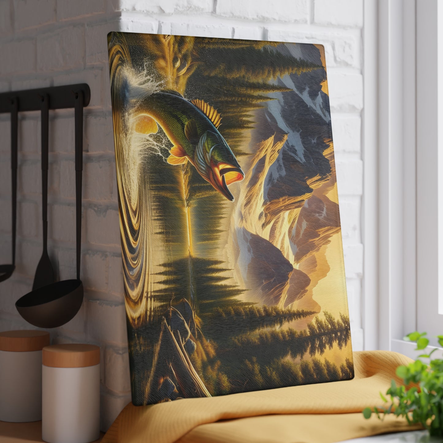 🎣 Mountain Lake Fishing Scene Cutting Board – Perfect for Anglers & Outdoor Enthusiasts 🌲