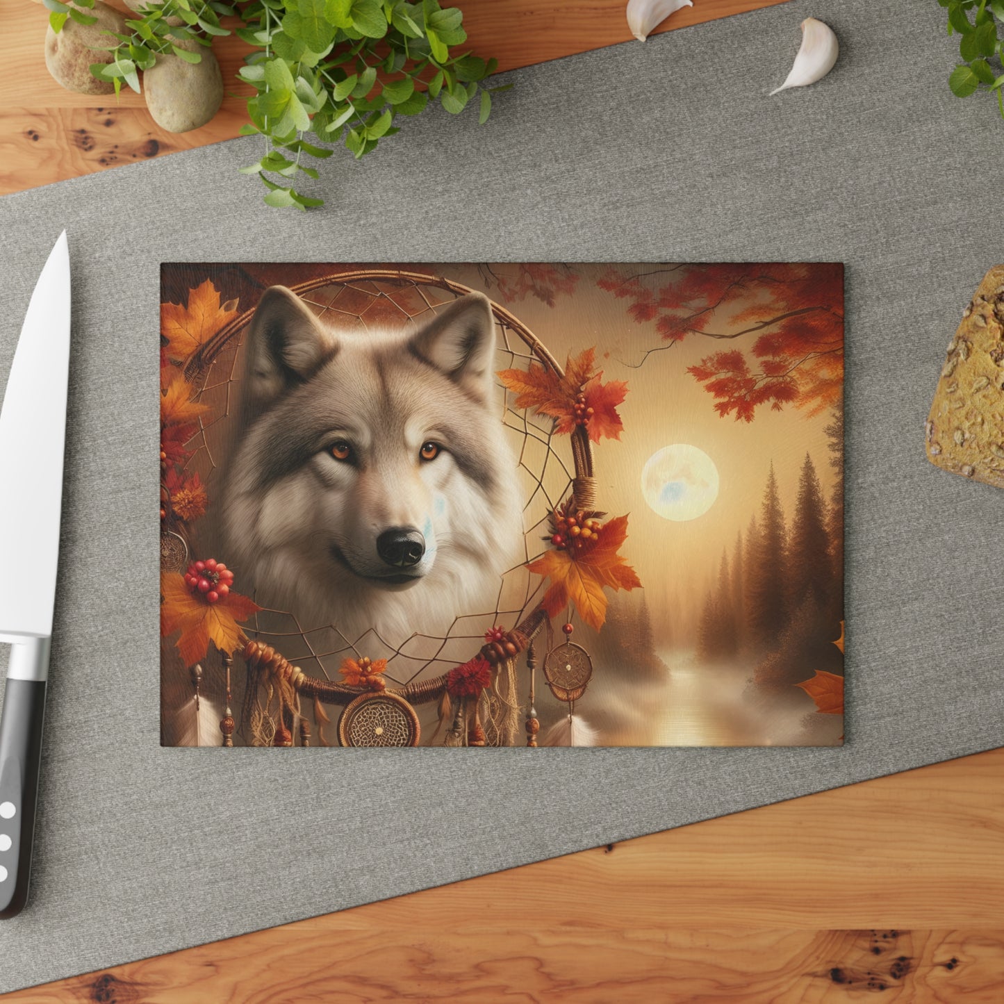 🐺 Autumn Wolf Dreamcatcher Cutting Board – Mystical Forest Elegance 🌕