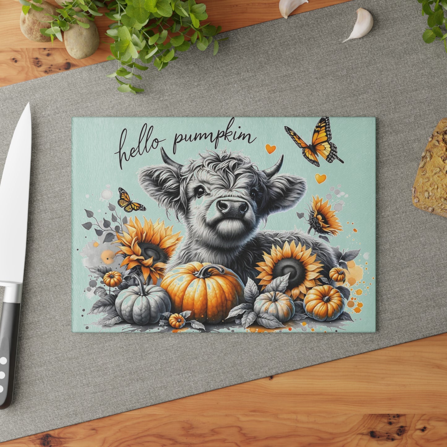 🐮🎃 Hello Pumpkin Highland Cow Cutting Board – Autumn Charm with Sunflowers & Butterflies 🍂🦋