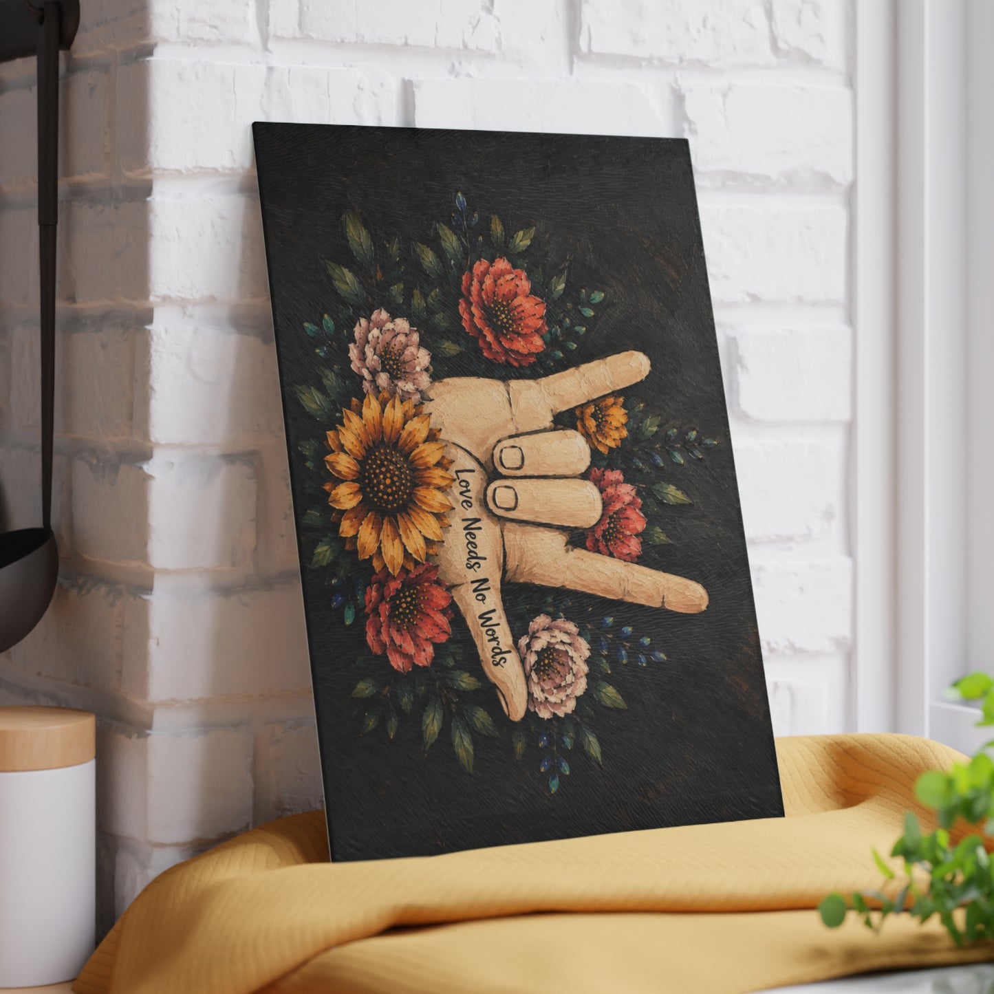 Love Needs No Words Glass Cutting Board – Painted Floral ASL Hand Design