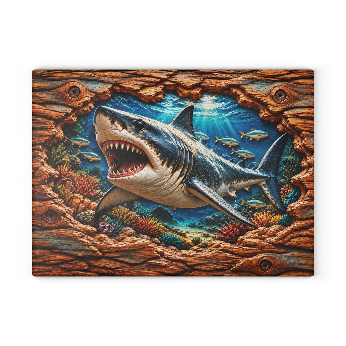 Great White Shark Glass Cutting Board – Fierce Open-Mouth Shark, Tropical Coral Reef & 3D Carved Wood Look