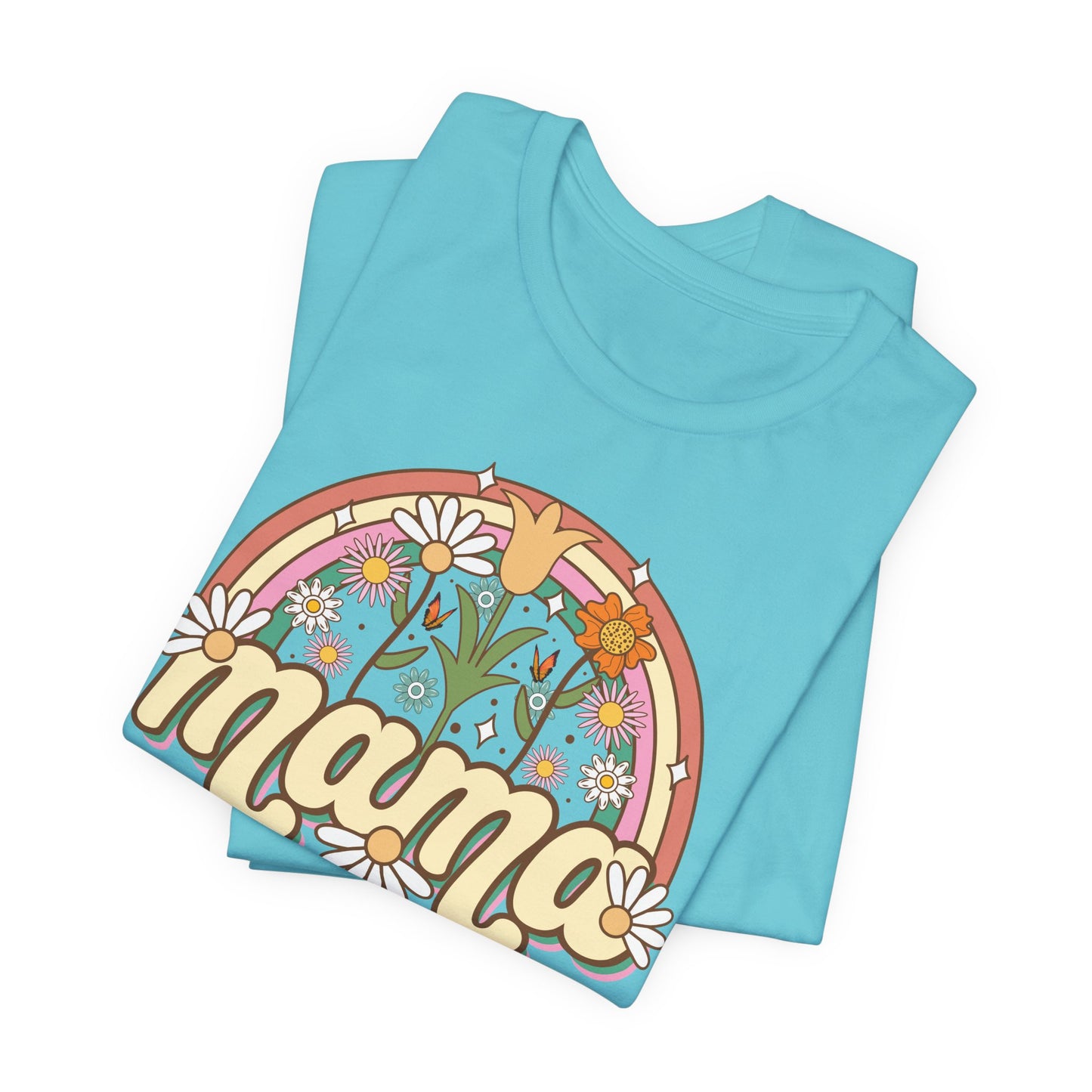 🌼🌈 Retro Floral Mama T-Shirt – Boho Rainbow Graphic Tee for Moms 🌻✨