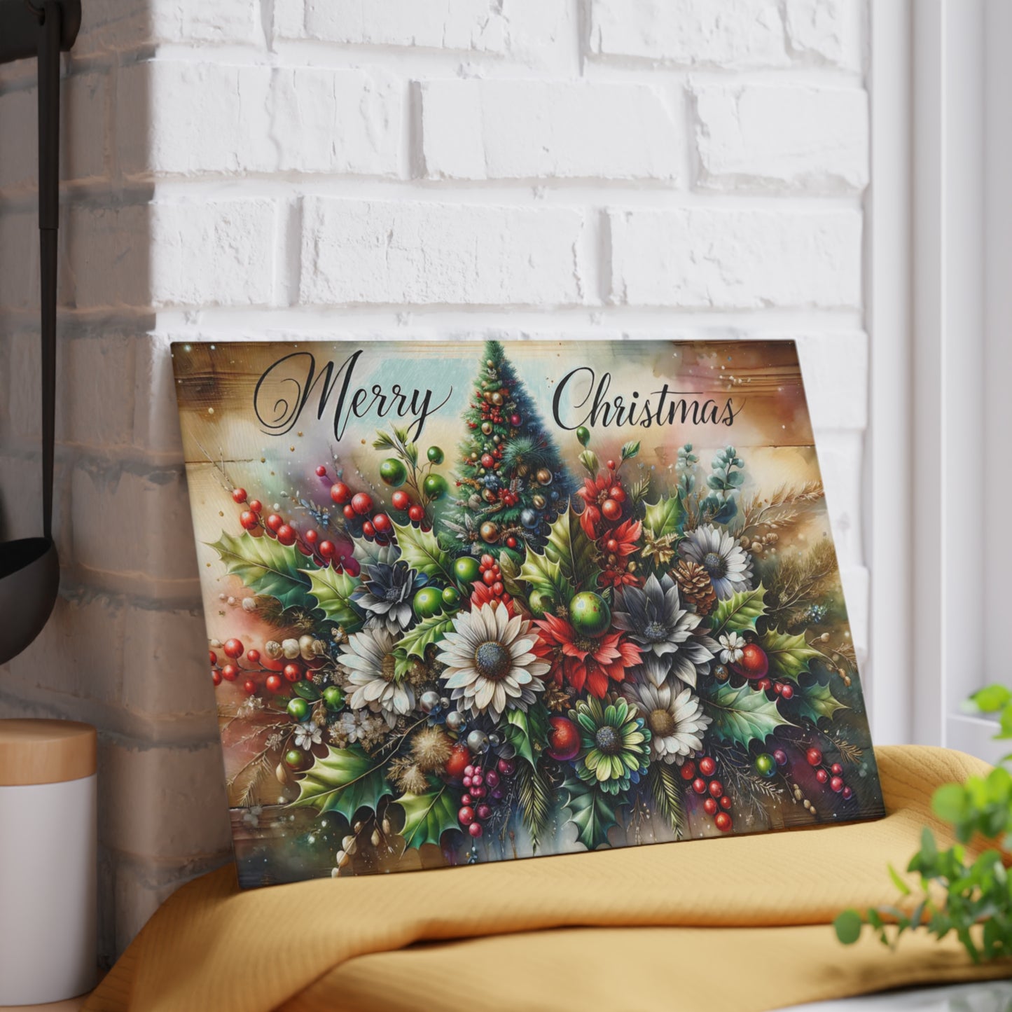 🎄✨ “Merry Christmas Bouquet” Glass Cutting Board – Festive Holiday Centerpiece for Your Kitchen