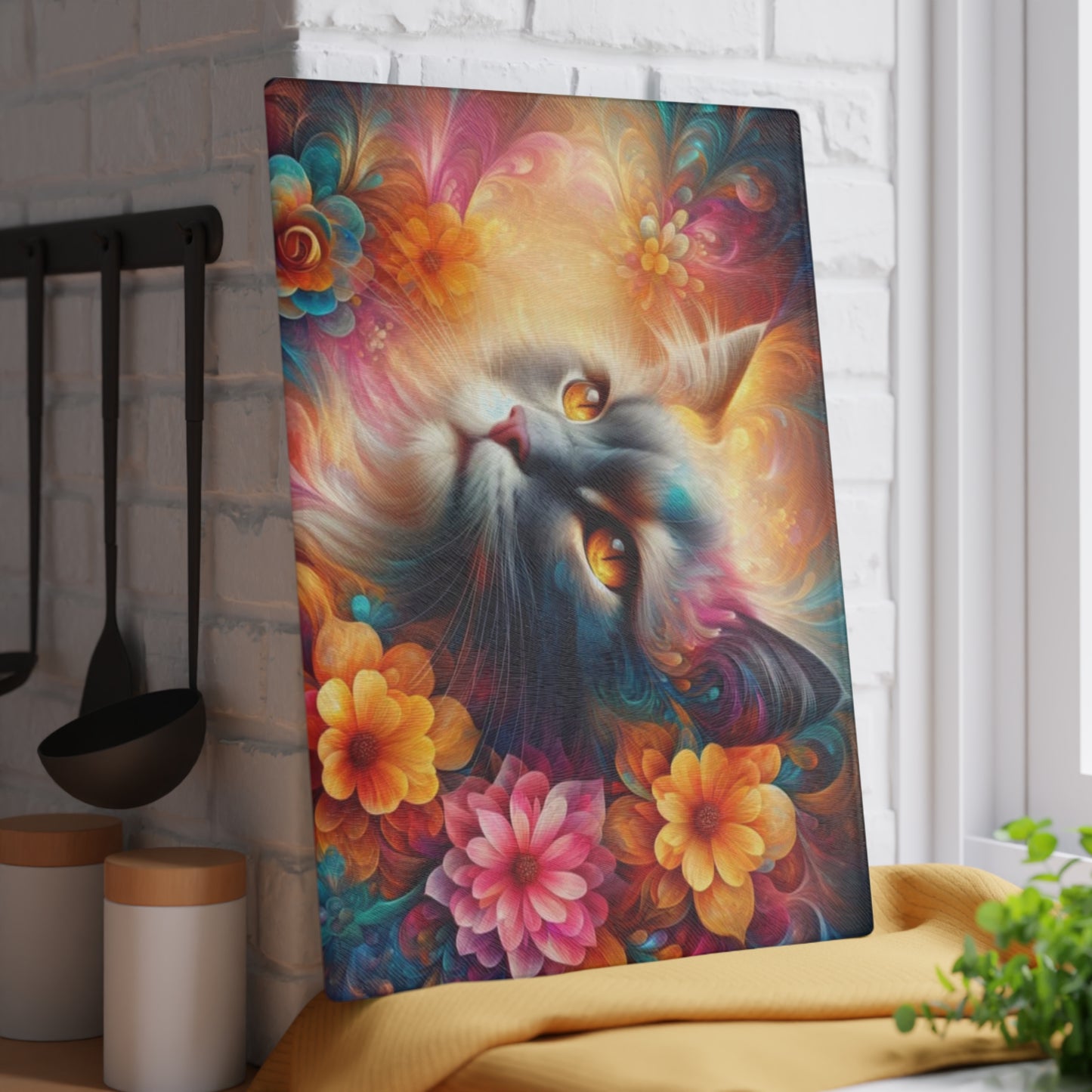 Tabla de cortar con diseño de gato colorido y flores: un encanto caprichoso para los amantes de los gatos
