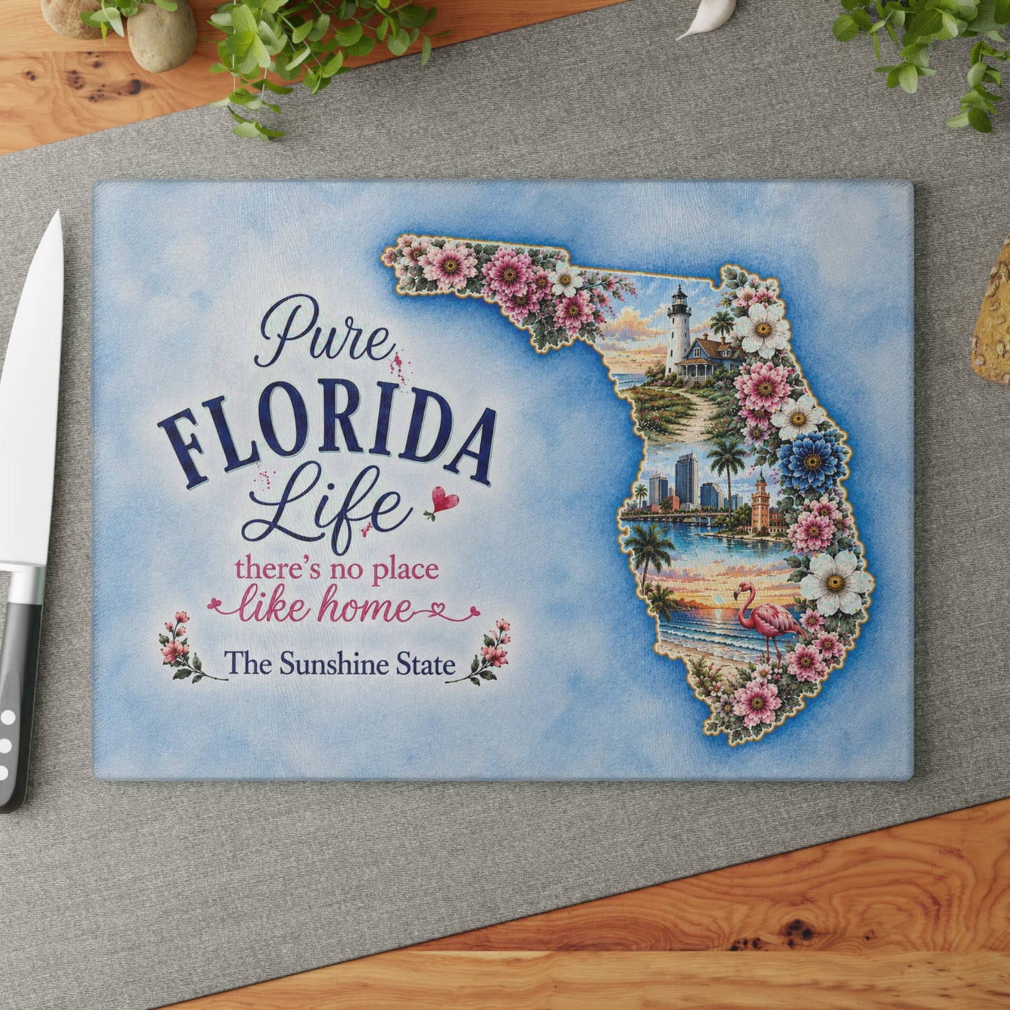 Pure Florida Life Glass Cutting Board – Sunshine State Floral Coastal Kitchen Decor
