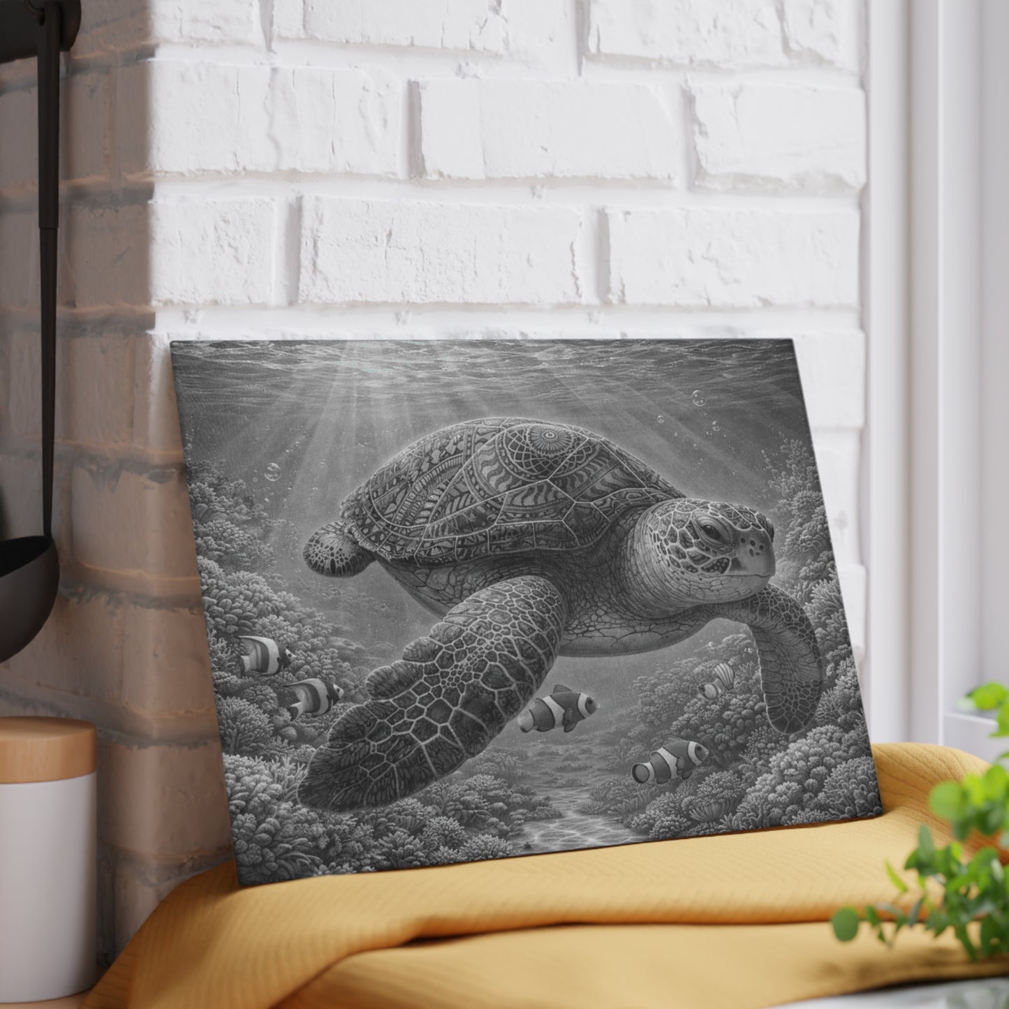 Sacred Depths Sea Turtle Glass Cutting Board – Black & White Ocean Artwork