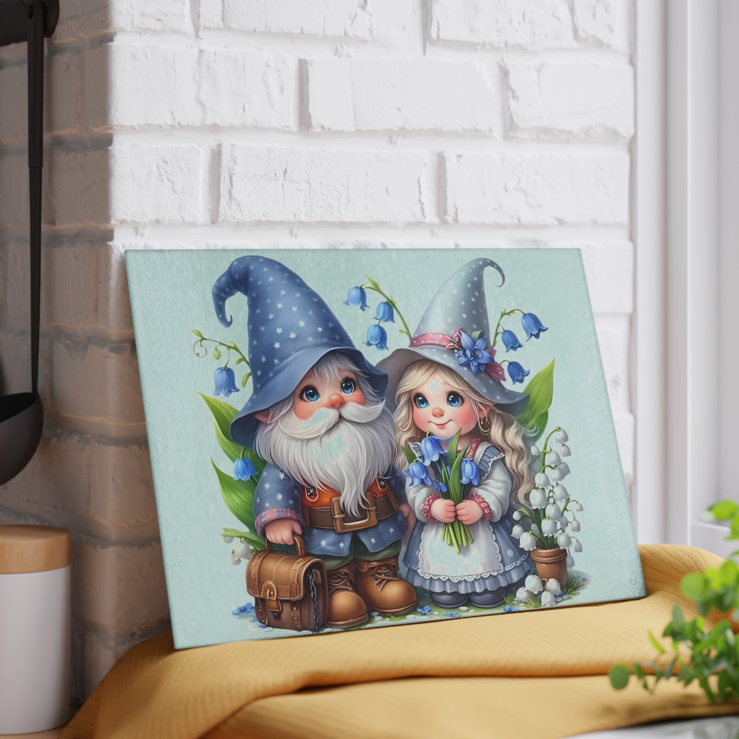 💙🌸 Bluebell Gnome Couple Cutting Board – Whimsical Garden Kitchen Décor with Sweet Floral Charm 🌿✨