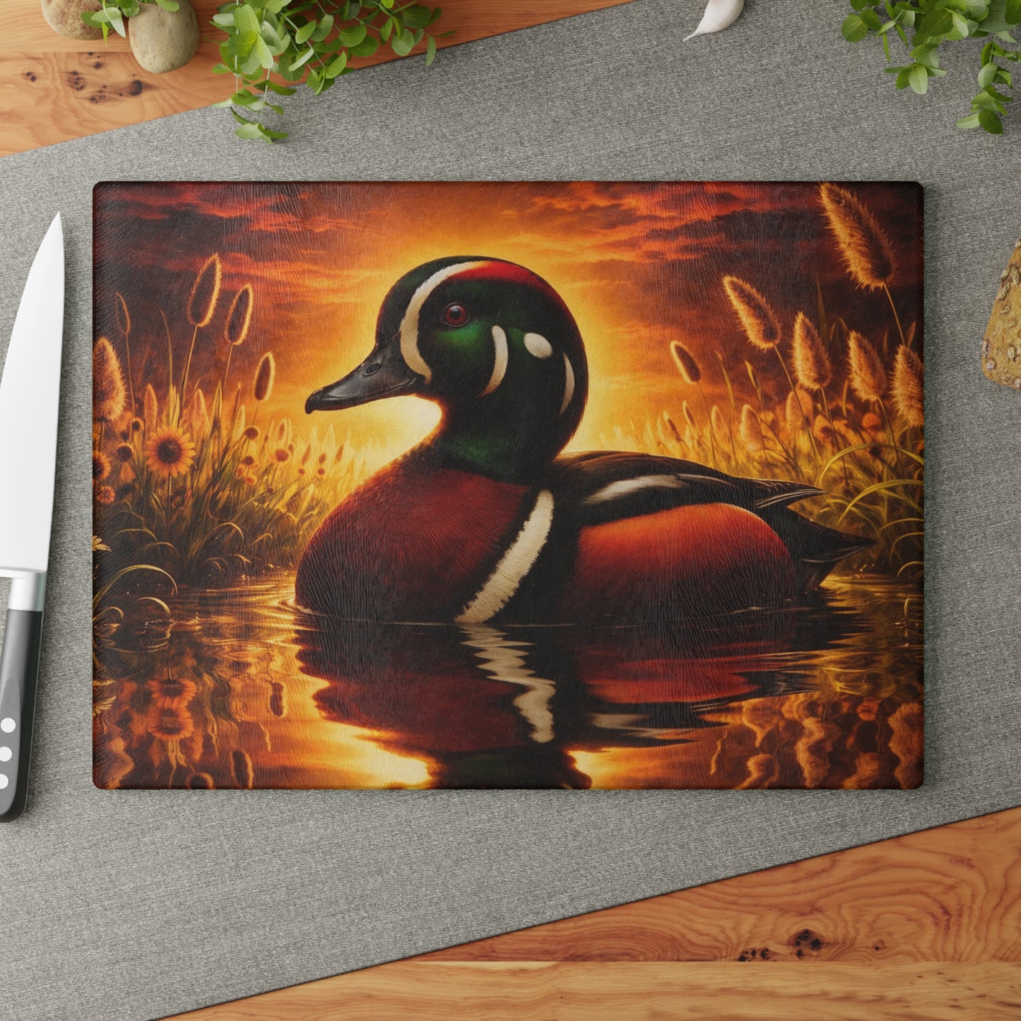 Hooded Merganser Duck at Golden Sunset Glass Cutting Board – Vibrant Wildlife Reflection Artwork