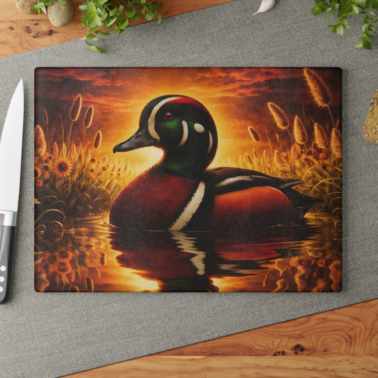 Hooded Merganser Duck at Golden Sunset Glass Cutting Board – Vibrant Wildlife Reflection Artwork