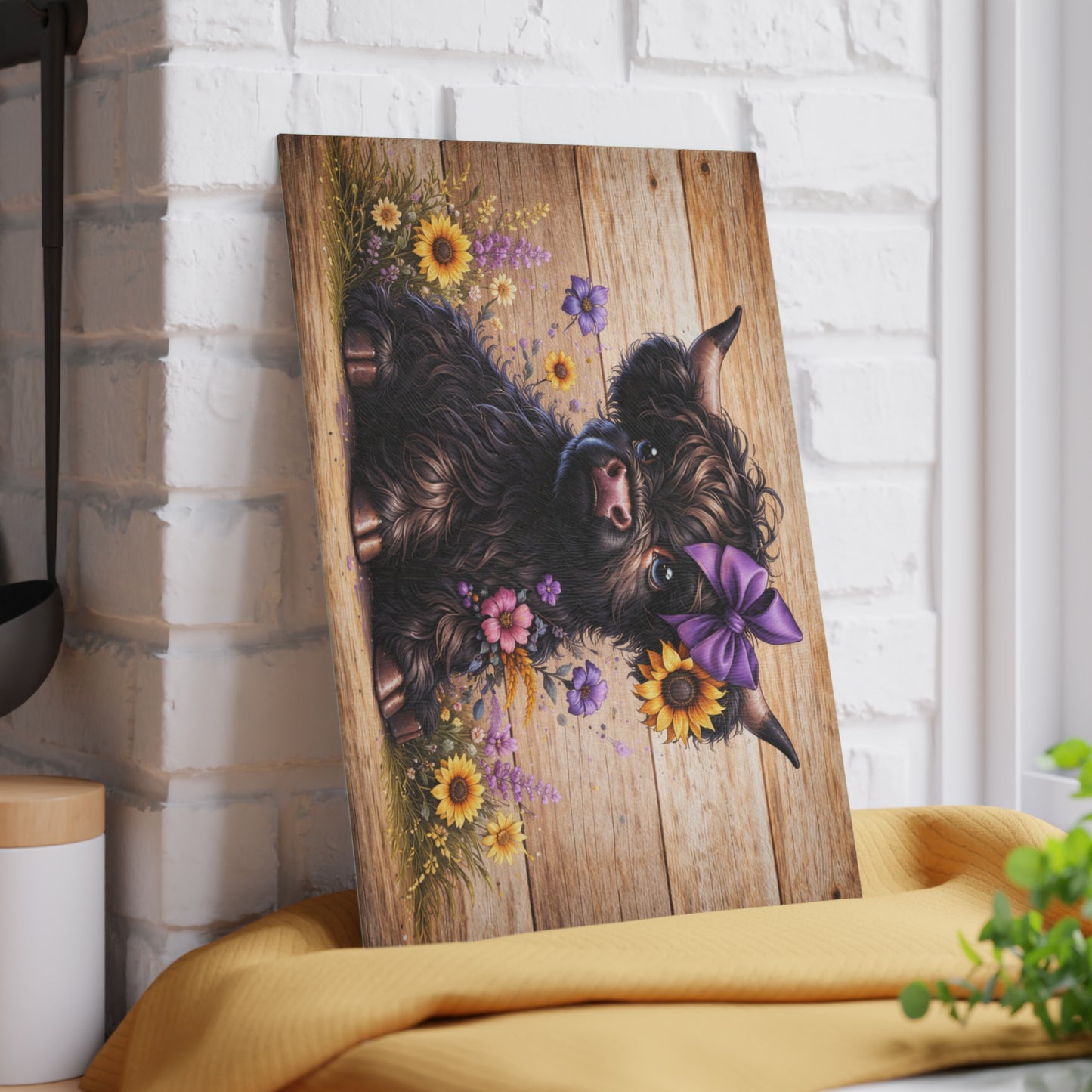 Sunflower Bow Highland Calf Glass Cutting Board – Rustic Farm Animal Art with Floral Country Charm