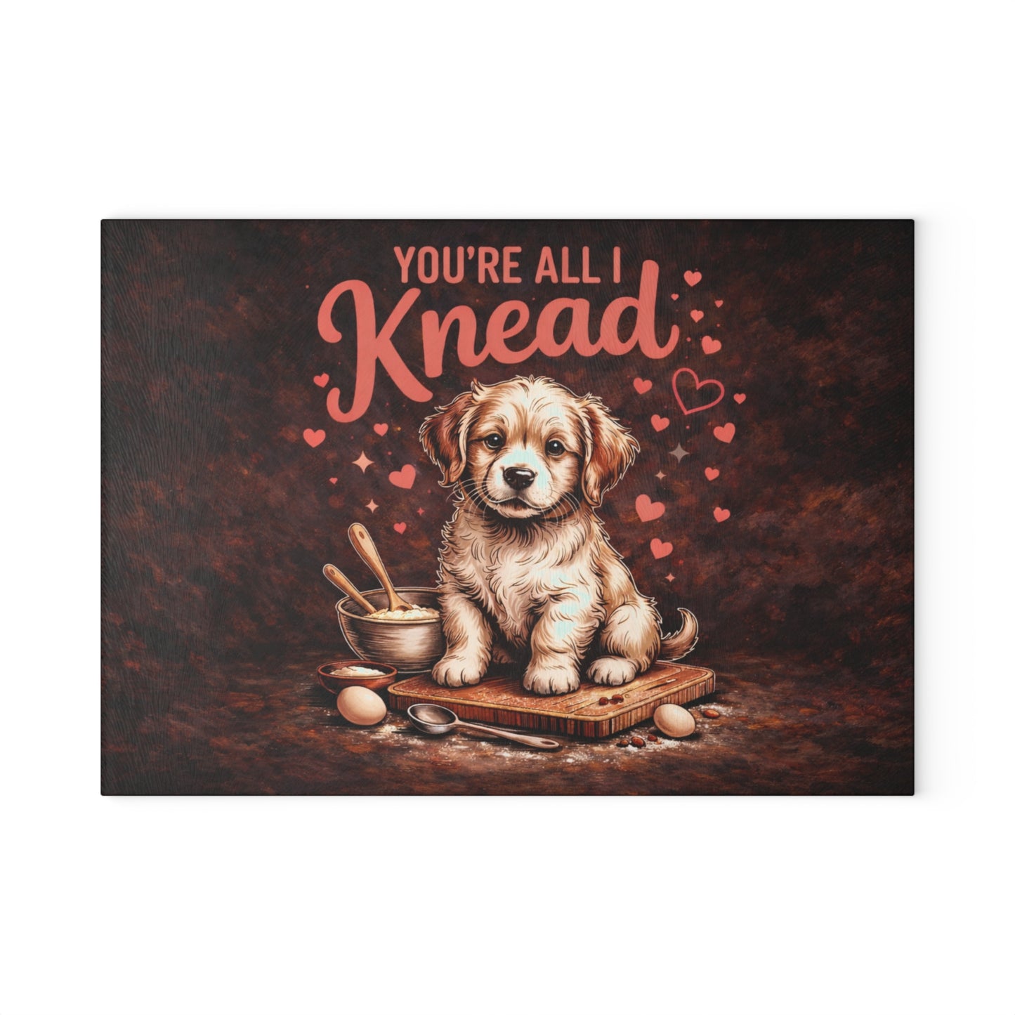 You’re All I Knead Puppy Glass Cutting Board – Cute Baking Dog Design with Heartfelt Humor